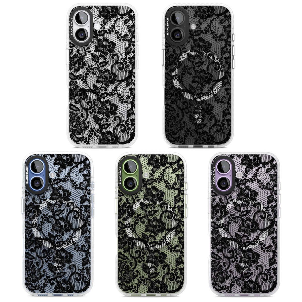 Black Lace gothic iPhone case featuring intricate black floral lace pattern with vintage whimsigoth detail | Impact Magsafe case for iPhone 17