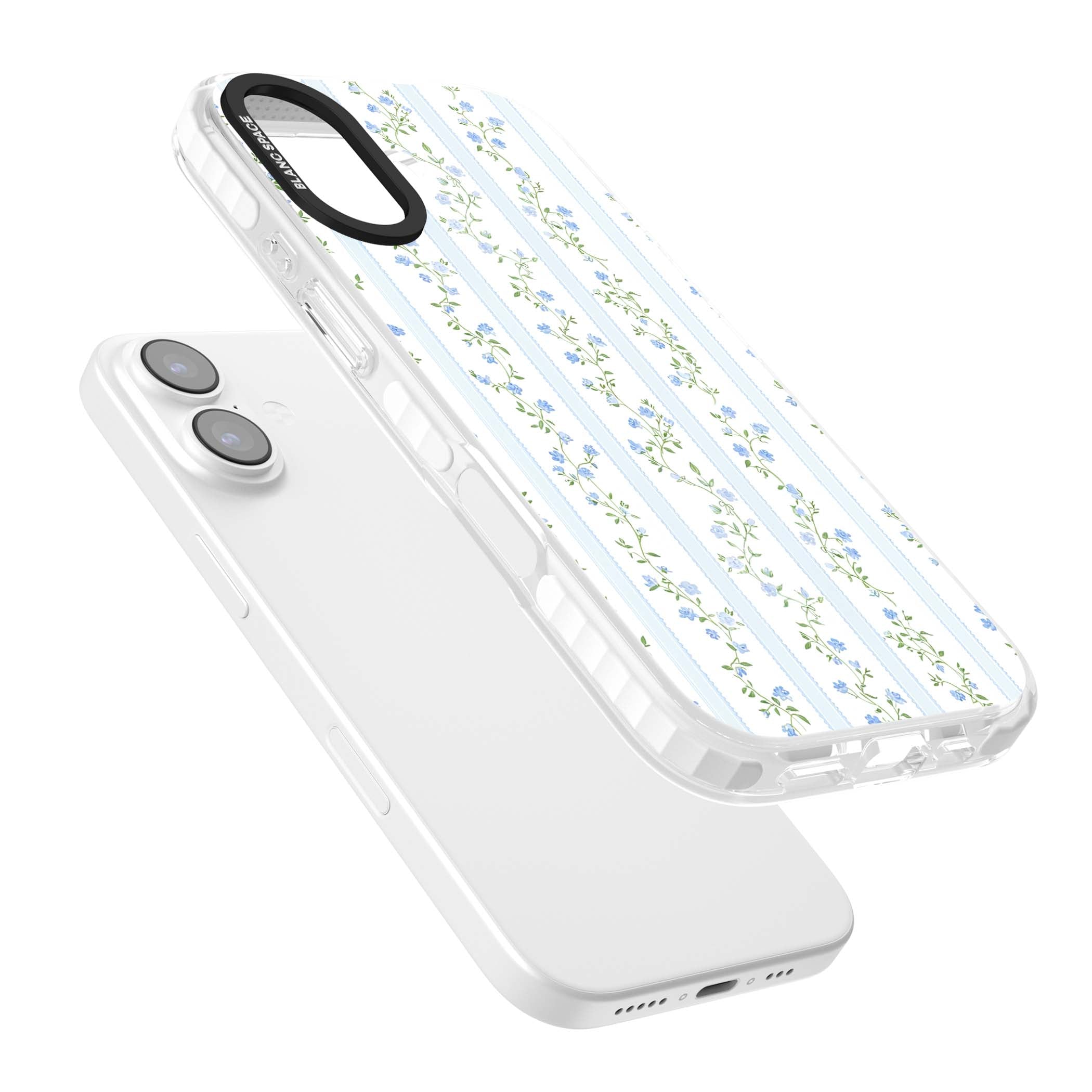 Bluebell Vine cottagecore iPhone case featuring climbing blue roses, trailing green vines, and pale ticking stripes | Impact Magsafe case for iPhone 17