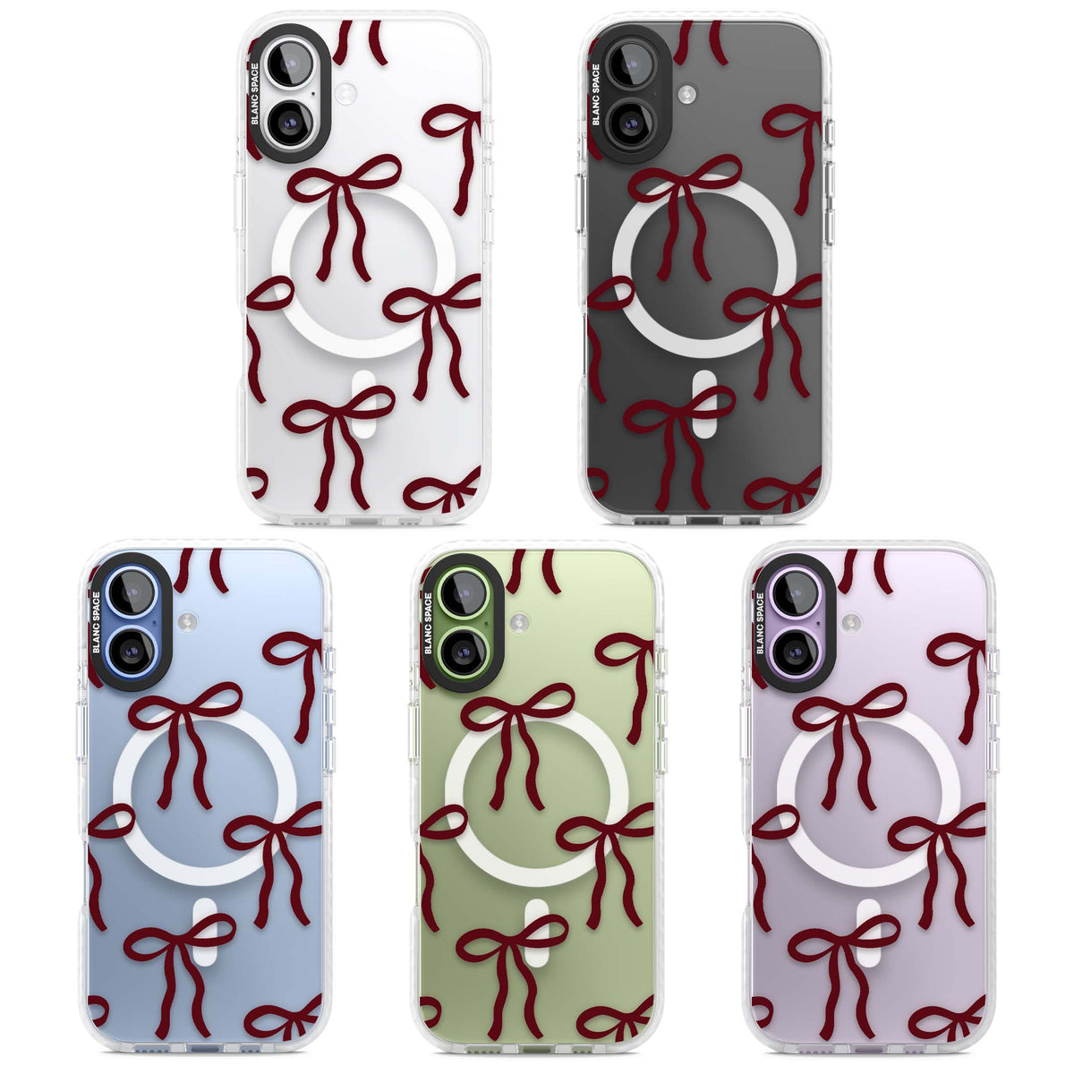Burgundy Bows coquette iPhone case featuring hand-drawn burgundy red bows on a clear background | Impact Magsafe case for iPhone 17
