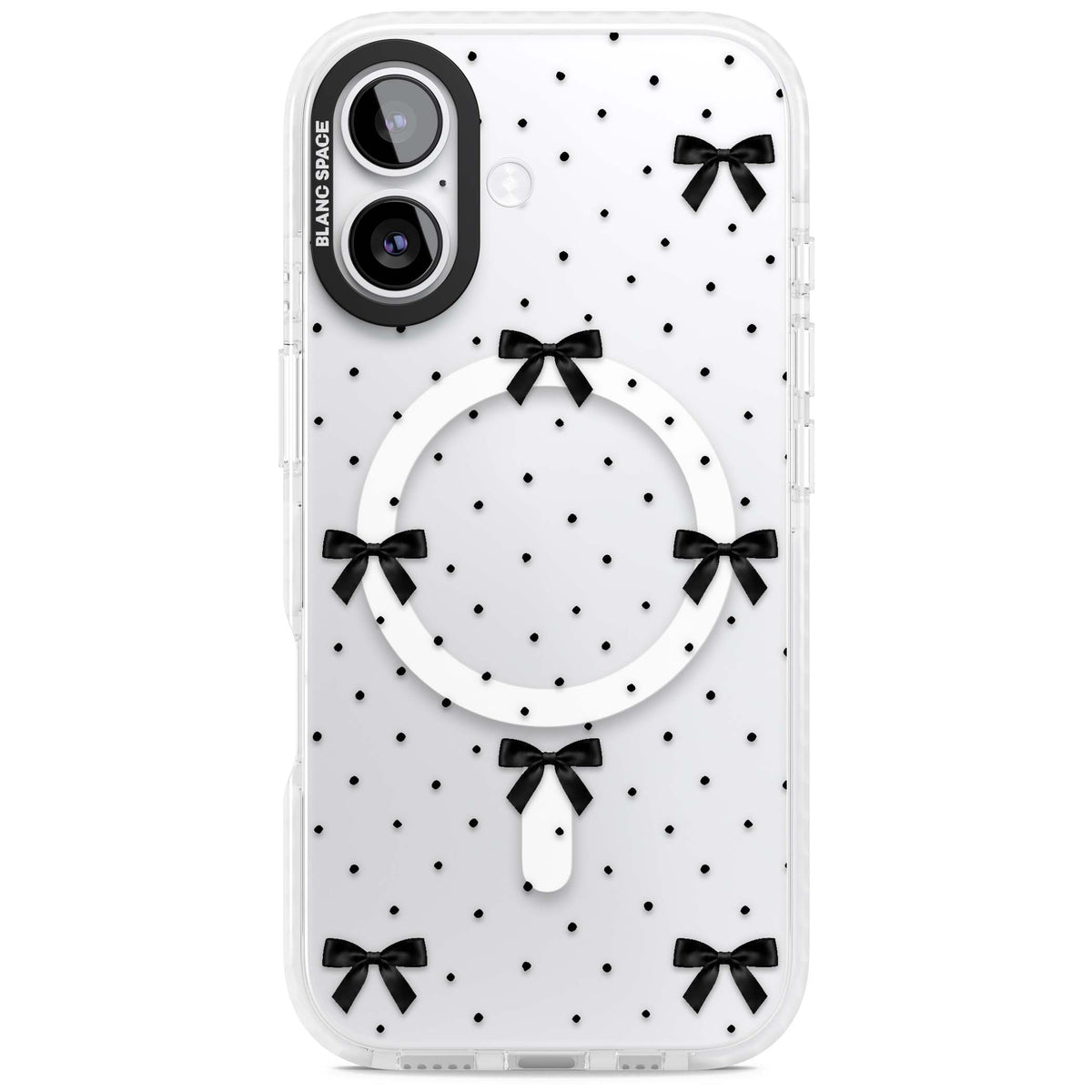 Black Polka Bows coquette iPhone case featuring scattered black satin bows and tiny polka dots on a clear base | Impact Magsafe case for iPhone 17