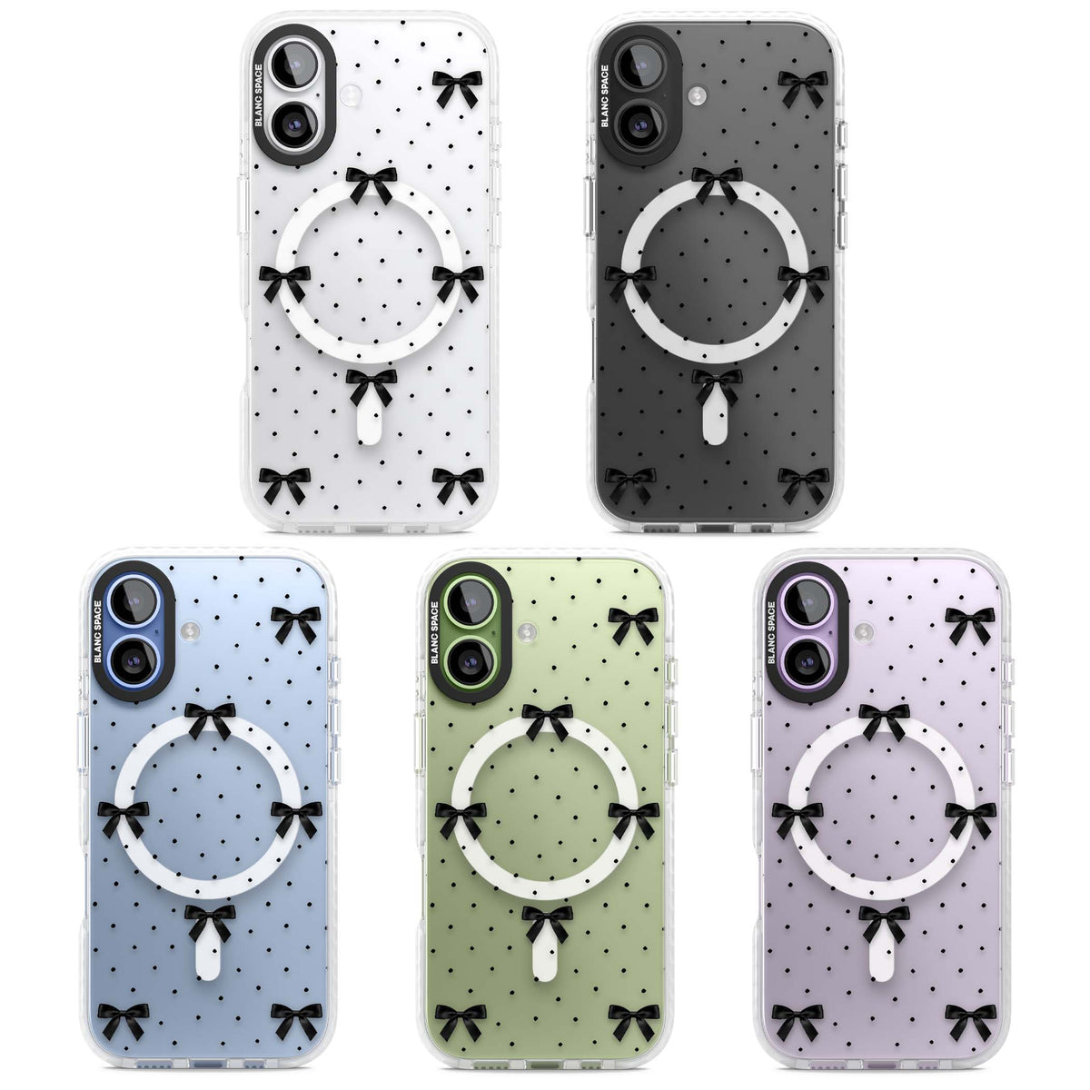 Black Polka Bows coquette iPhone case featuring scattered black satin bows and tiny polka dots on a clear base | Impact Magsafe case for iPhone 17