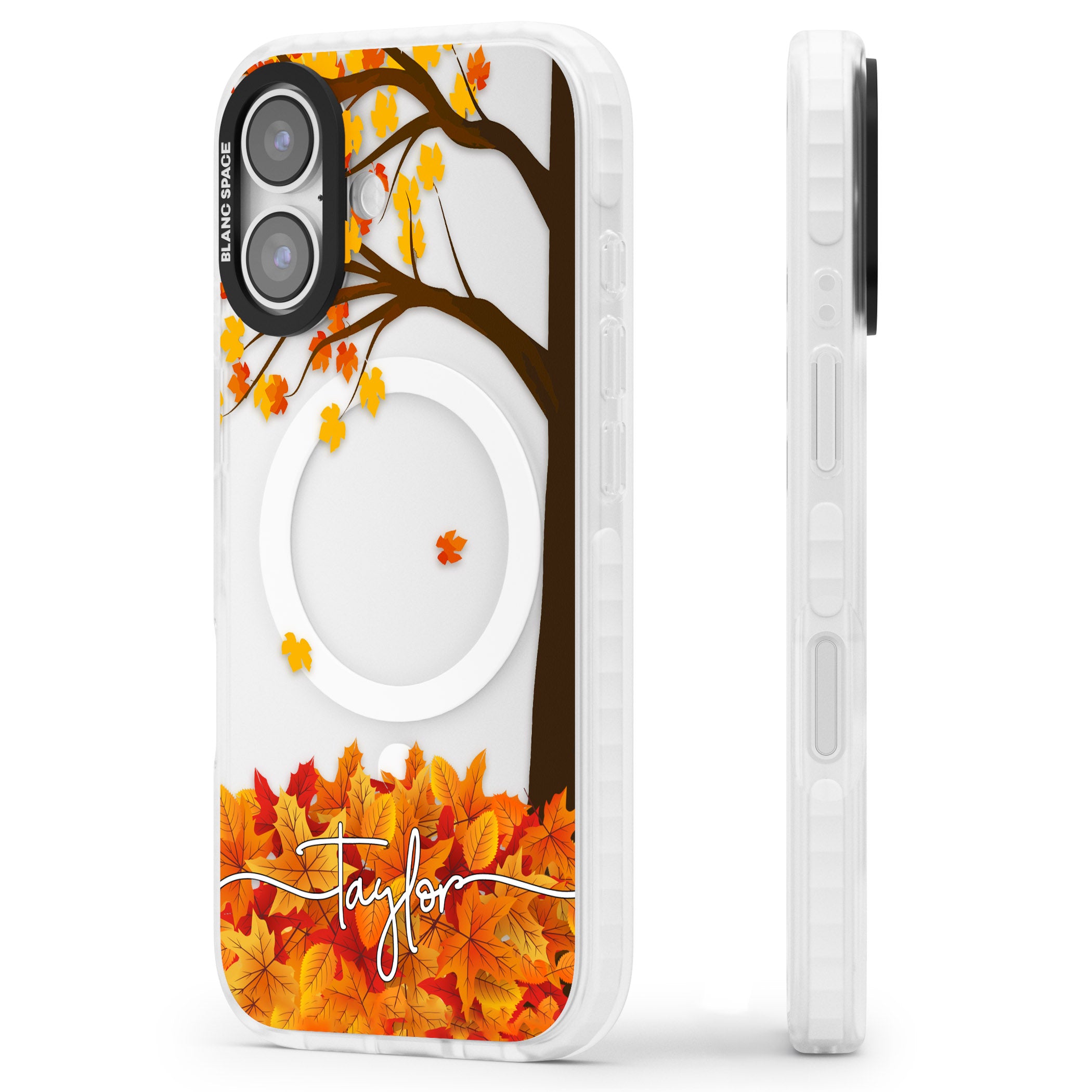 Personalised Autumn Leaves iPhone 17 Impact Pro Clear Phone Case Side Profile