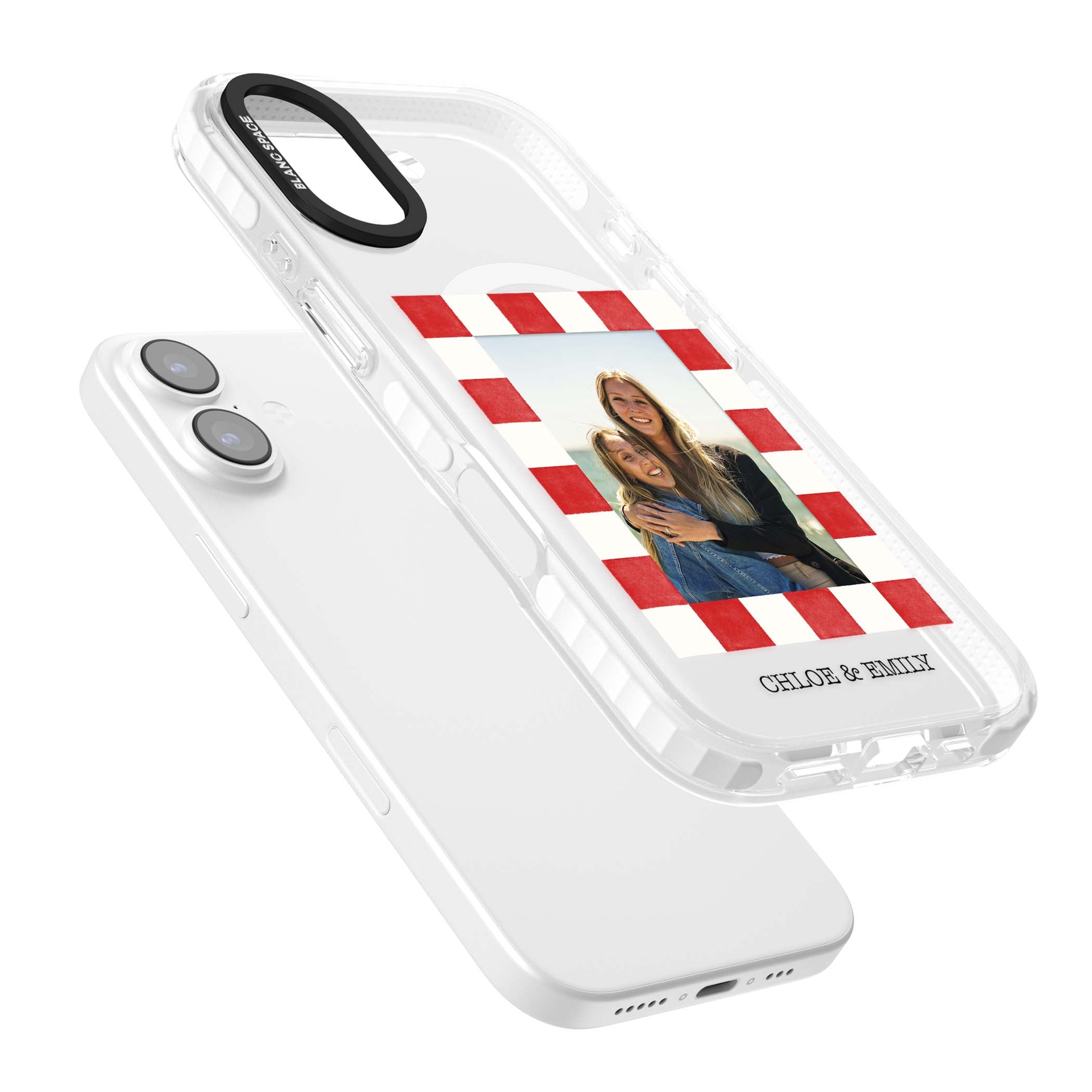 Red Check Photo personalised photo iPhone case with red and white checkered polaroid frame and custom couple name | Impact Magsafe case for iPhone 17
