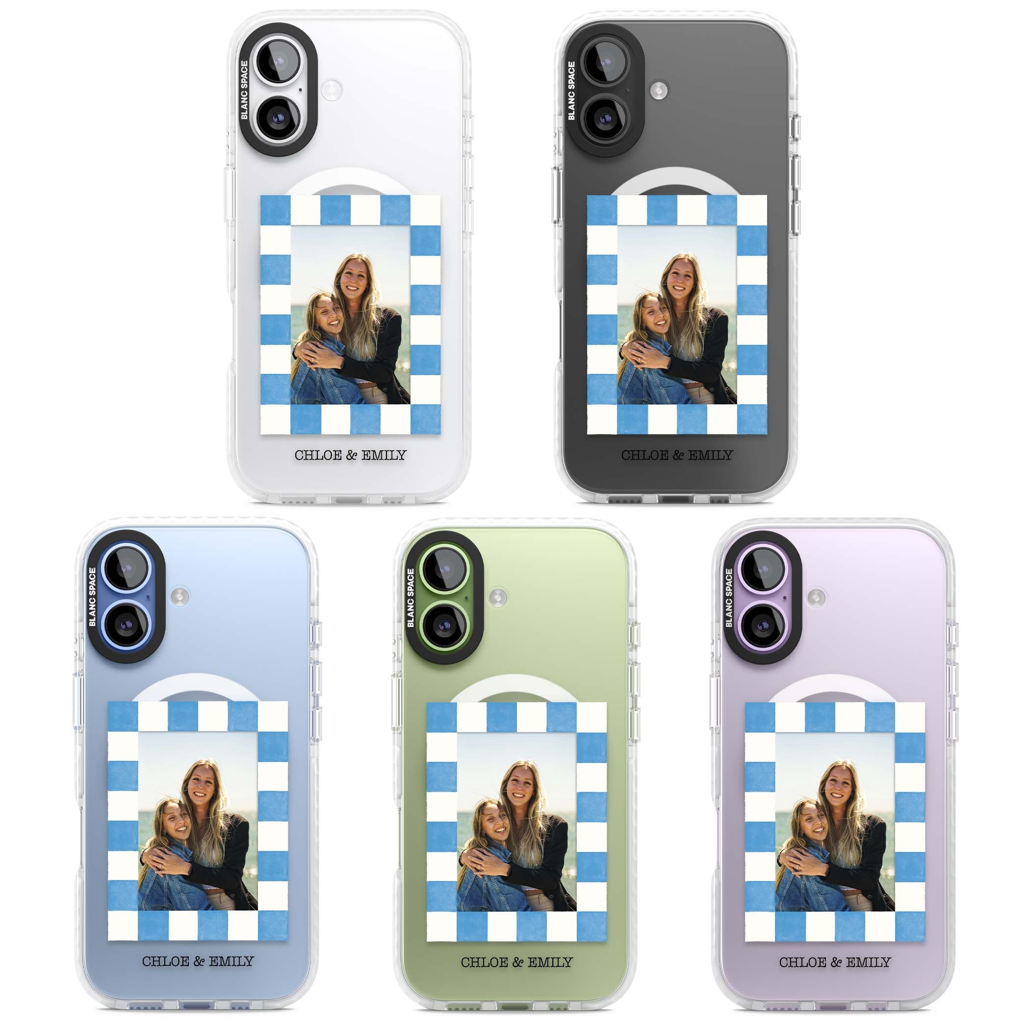 Blue Check Photo personalised photo iPhone case with blue checkered frame and custom couple names | Impact Magsafe case for iPhone 17