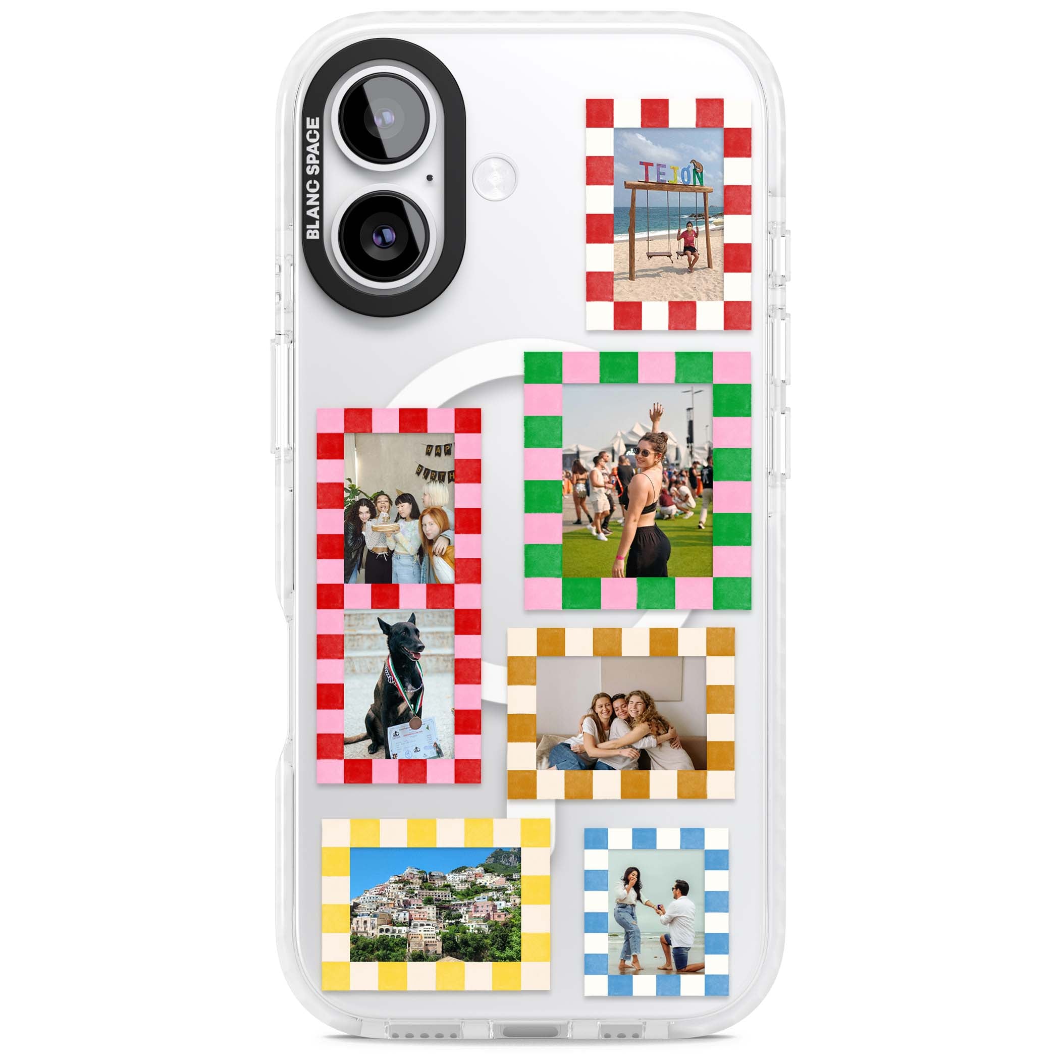 Italian Check Frames custom photo collage iPhone case featuring six checkered photo frames in red, green, pink and  | Impact Magsafe case for iPhone 17