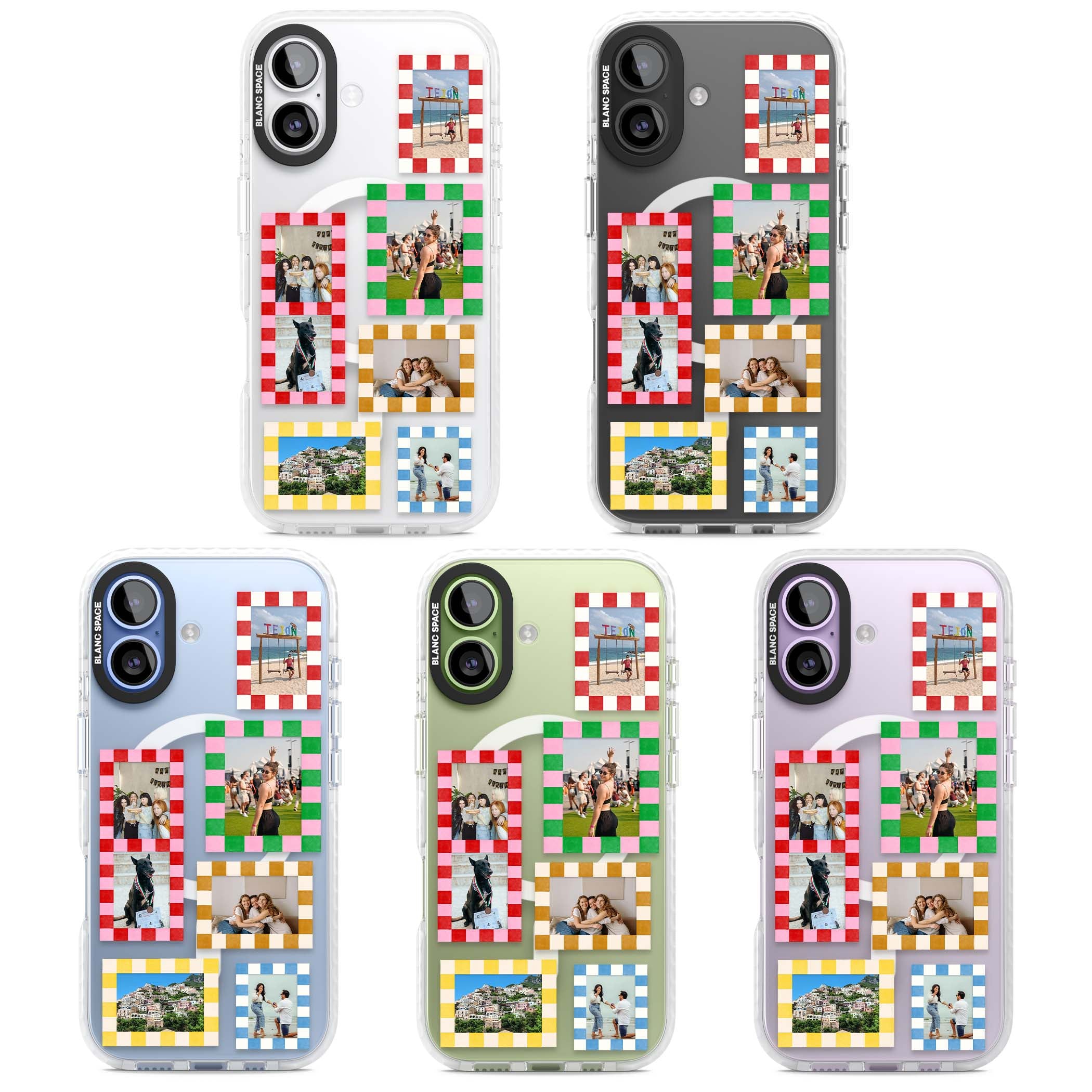 Italian Check Frames custom photo collage iPhone case featuring six checkered photo frames in red, green, pink and  | Impact Magsafe case for iPhone 17