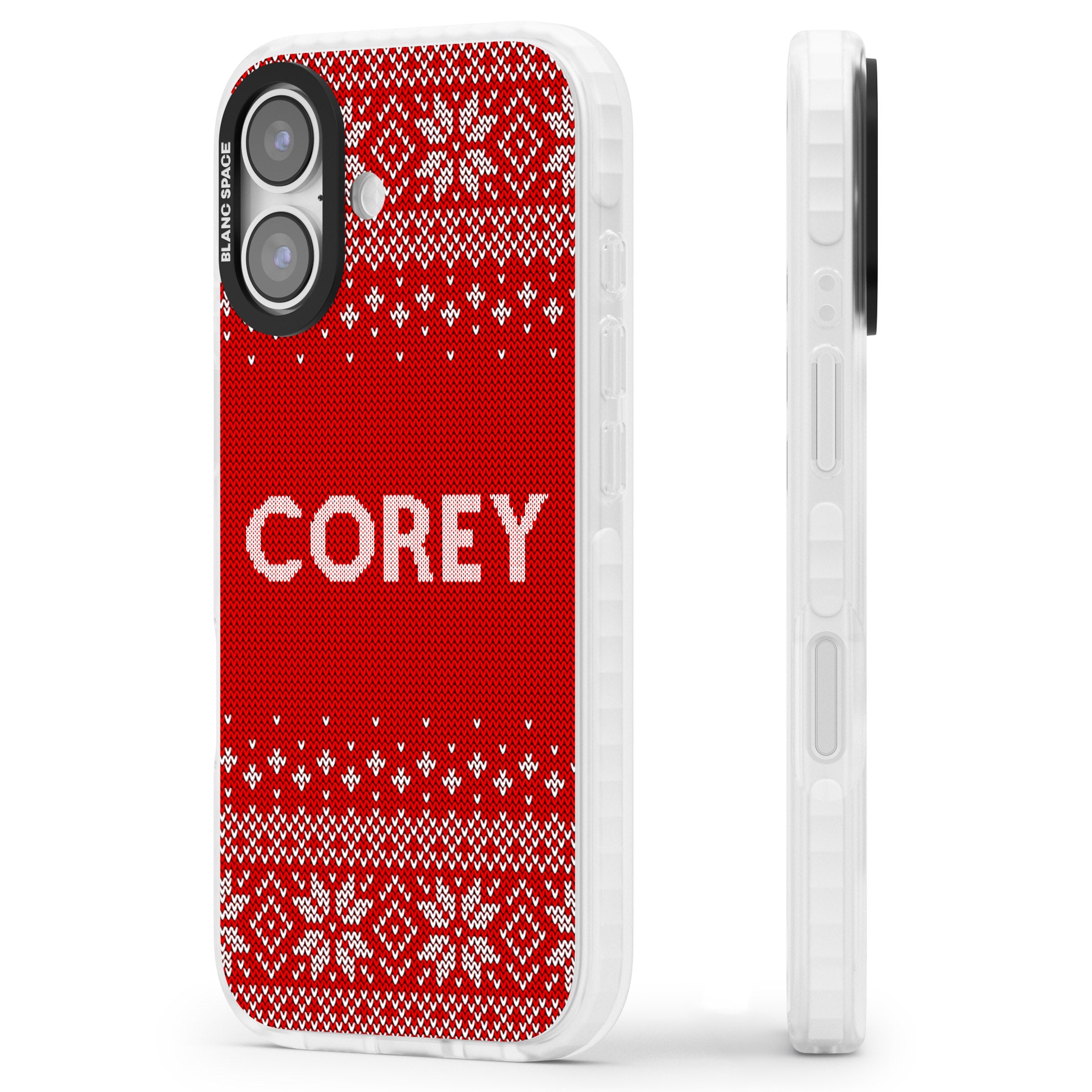 Personalised Red Christmas Knit iPhone 17 Impact Pro Clear Phone Case Side Profile