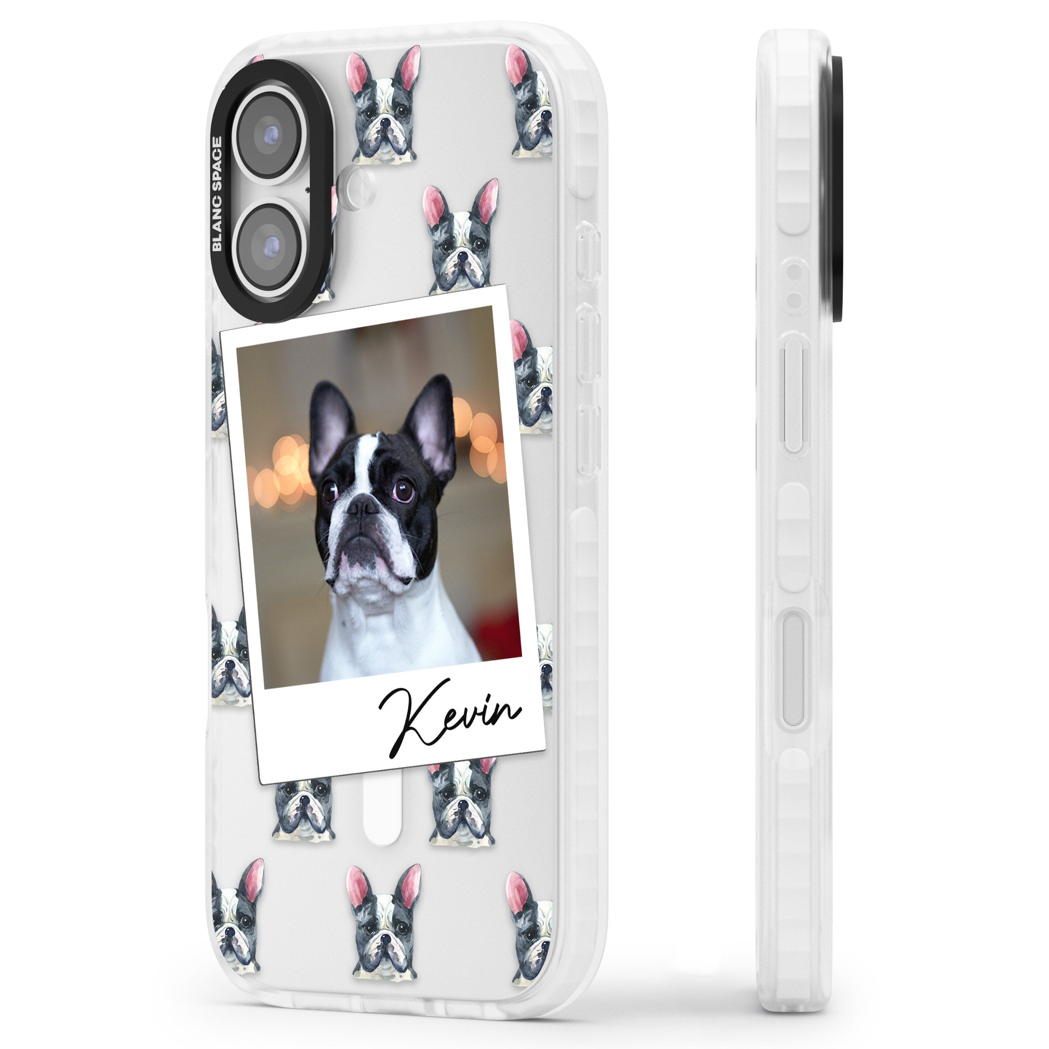 Personalised Black & White French Bulldog Instant Camera Photo iPhone 17 Impact Pro Clear Phone Case Side Profile
