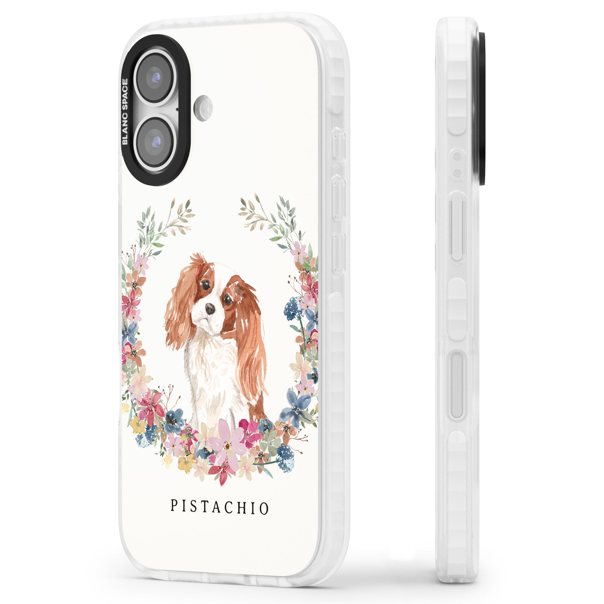 Personalised Cavalier King Charles Floral Portrait iPhone 17 Impact Pro Clear Phone Case Side Profile