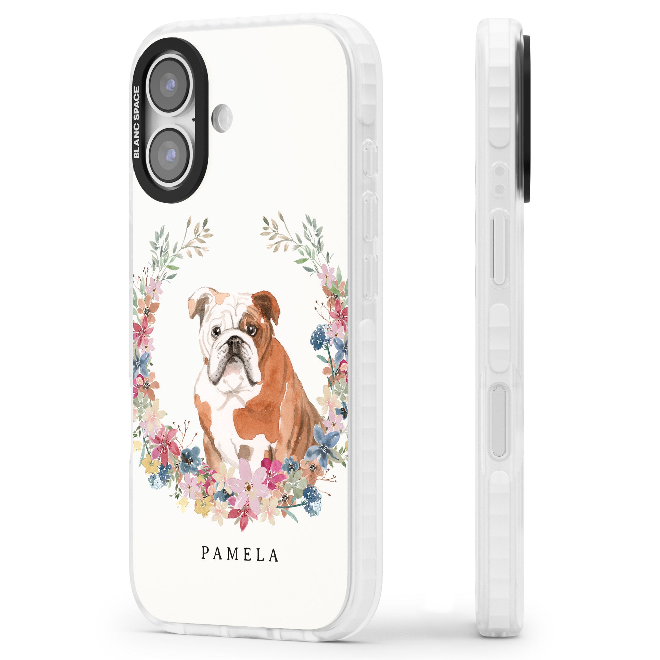 Personalised English Bulldog Floral Portrait iPhone 17 Impact Pro Clear Phone Case Side Profile