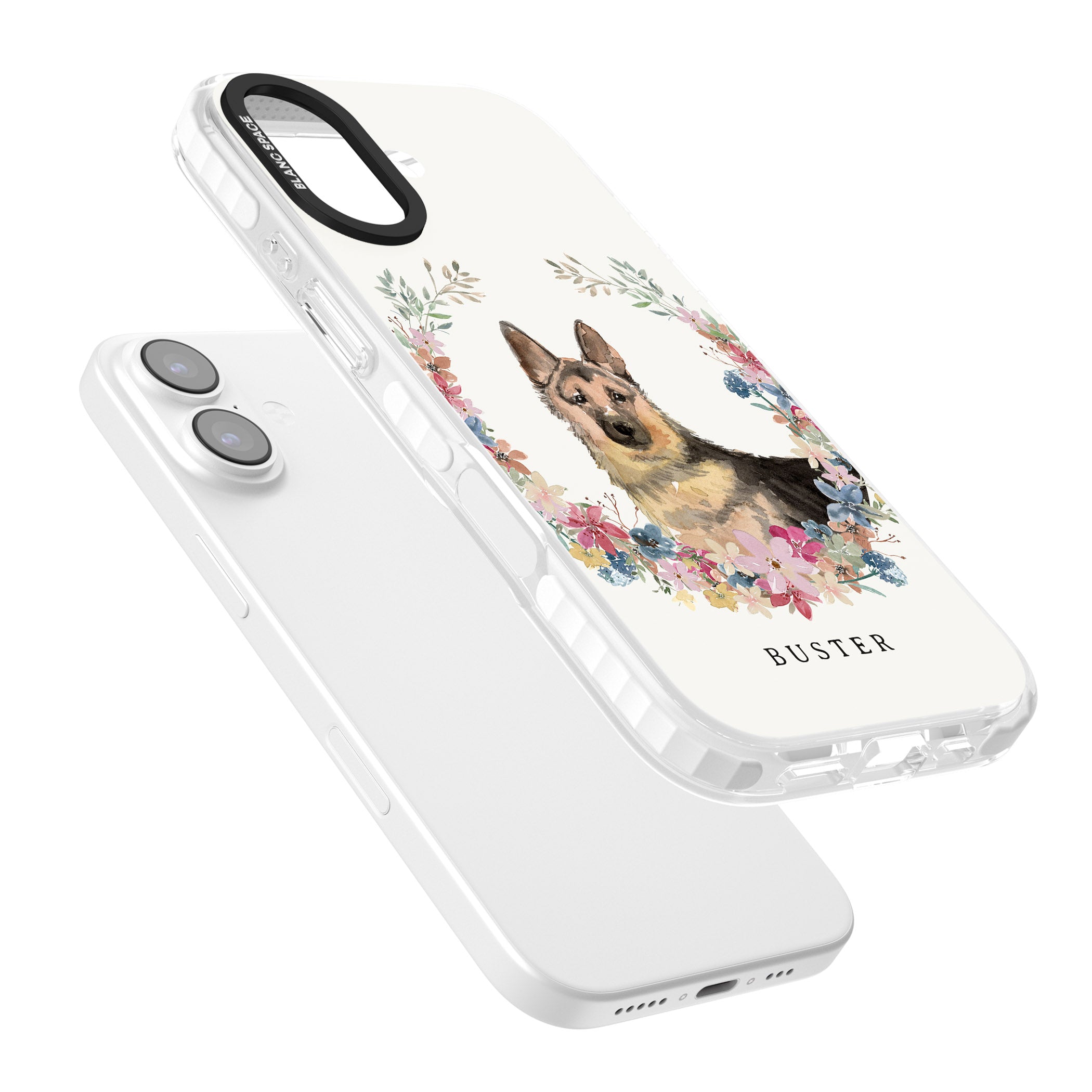 Personalised German Shepherd Floral Portrait iPhone 17 Impact Pro Clear Phone Case Colours