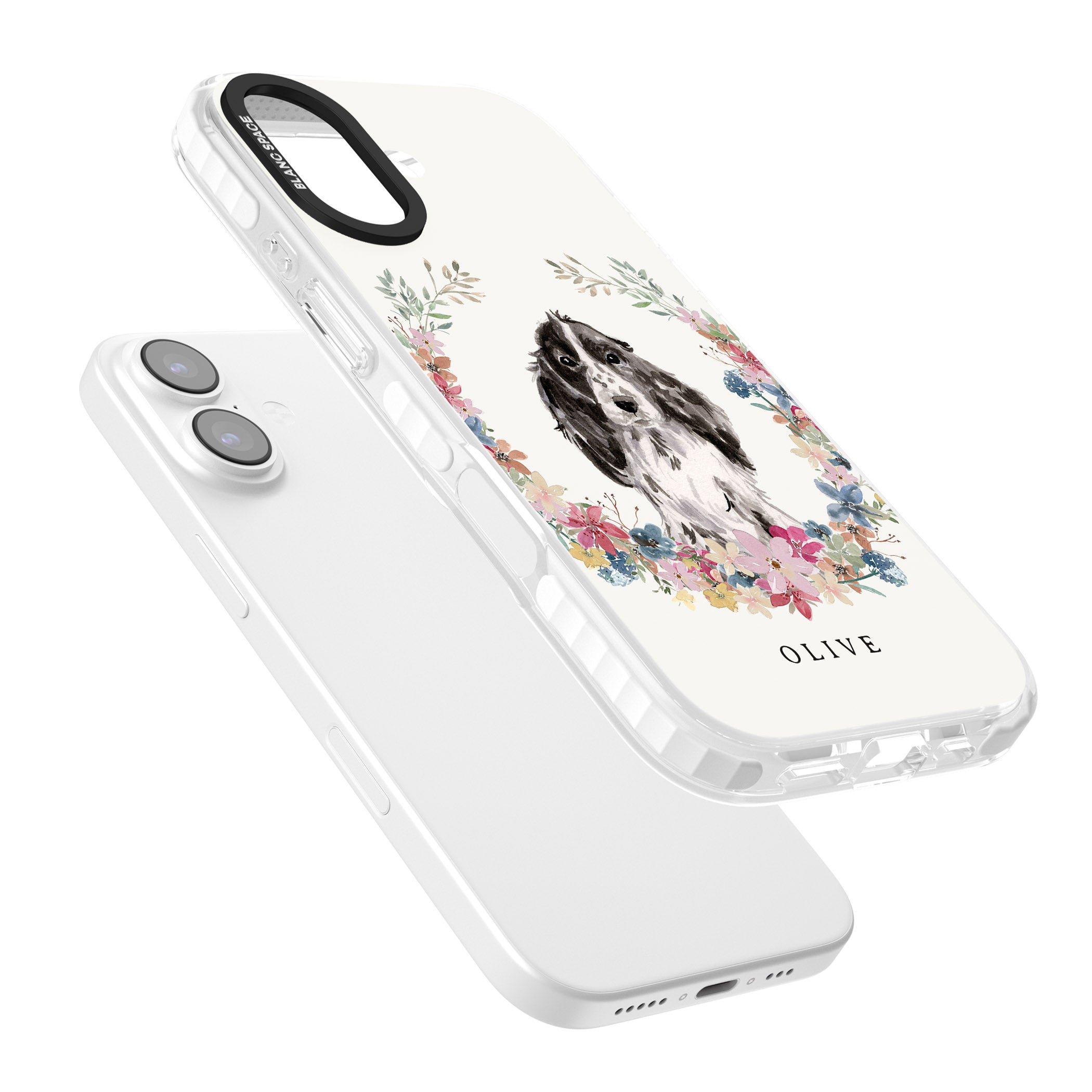 Personalised Black Cocker Spaniel Floral Portrait iPhone 17 Impact Pro Clear Phone Case Colours