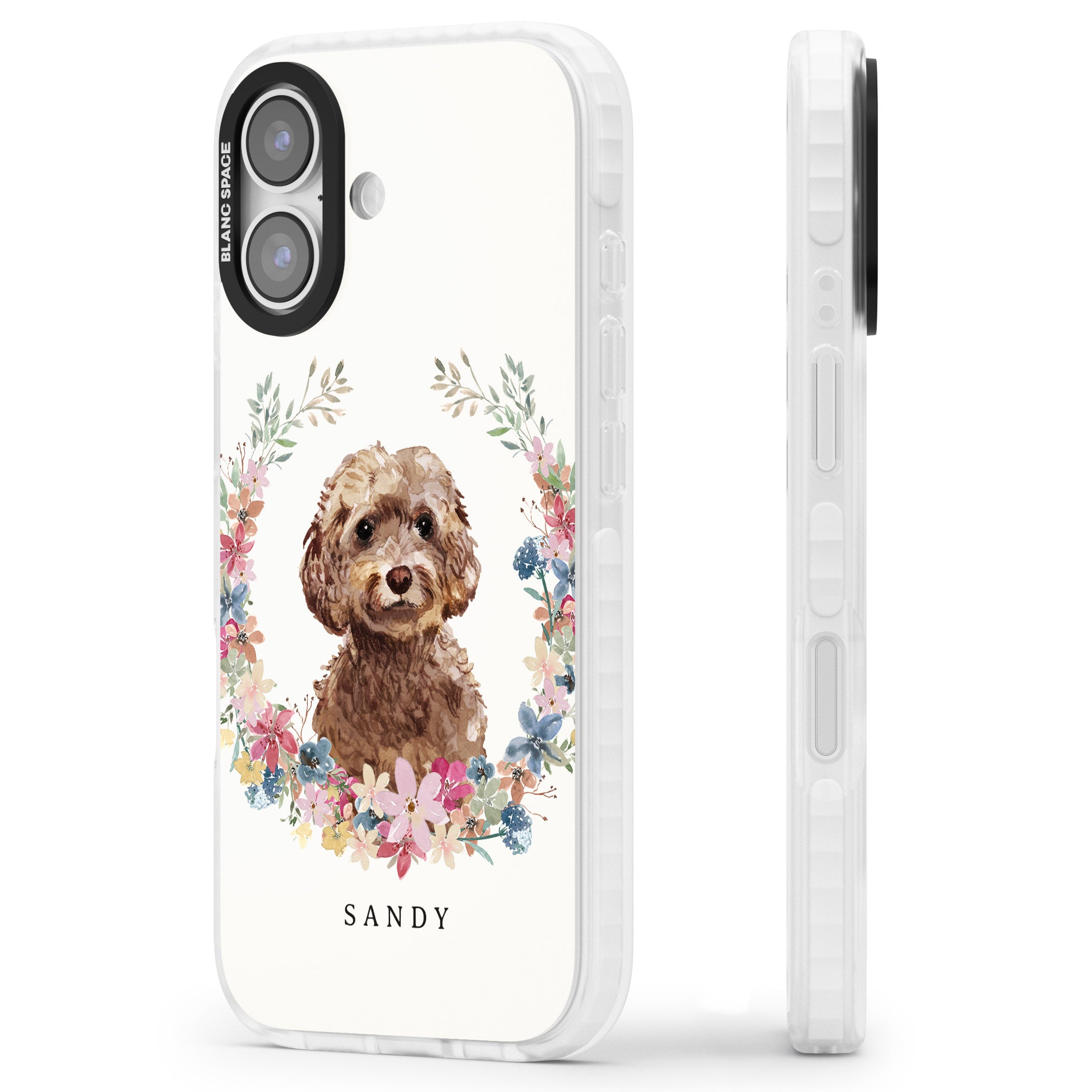 Personalised Brown Cockapoo Floral Portrait iPhone 17 Impact Pro Clear Phone Case Side Profile
