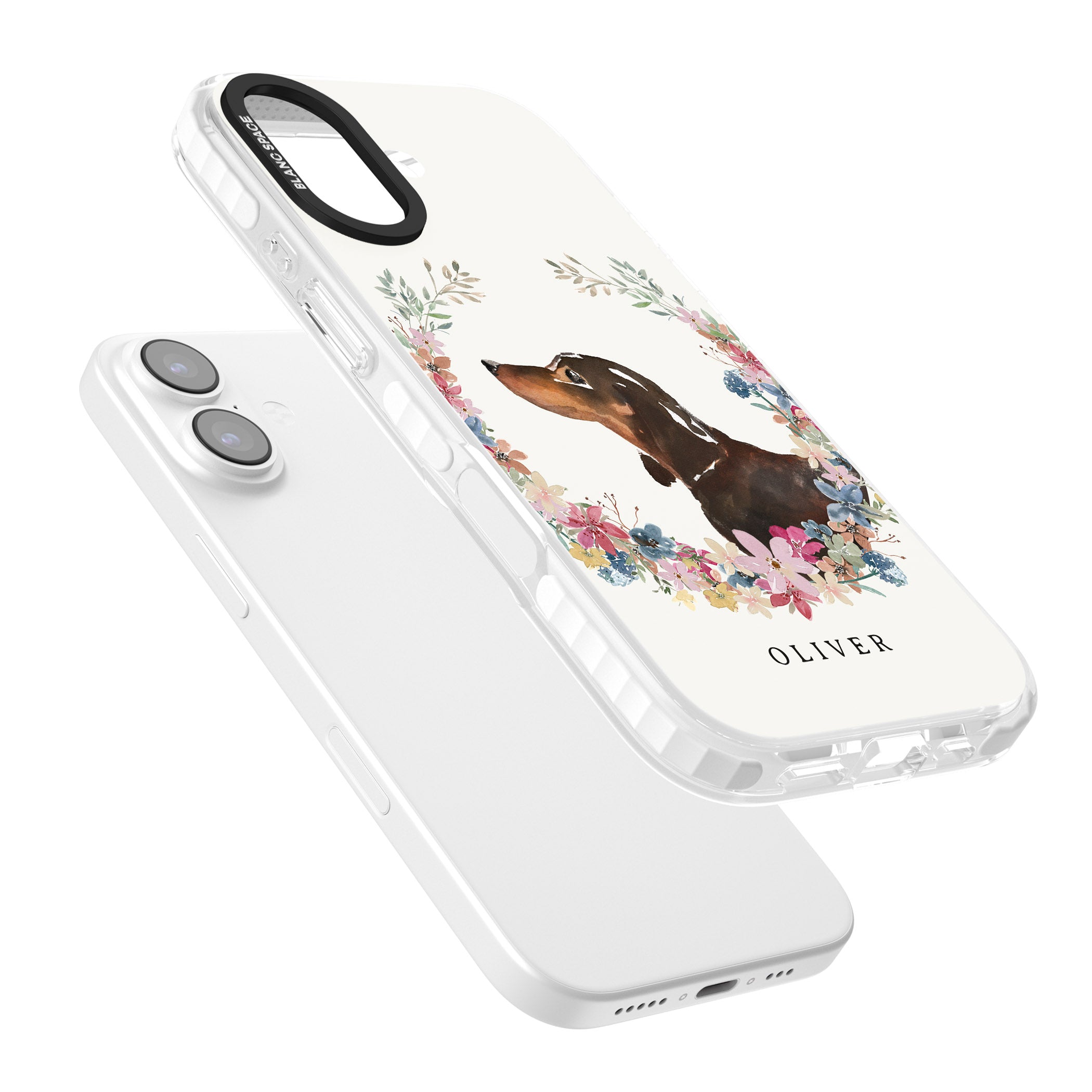 Personalised Black & Tan Dachshund Floral Portrait iPhone 17 Impact Pro Clear Phone Case Colours