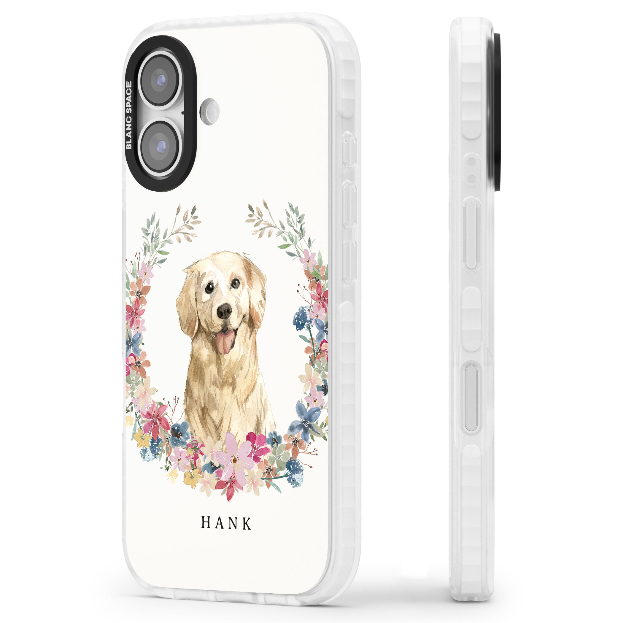 Personalised Golden Retriever Floral Portrait iPhone 17 Impact Pro Clear Phone Case Side Profile