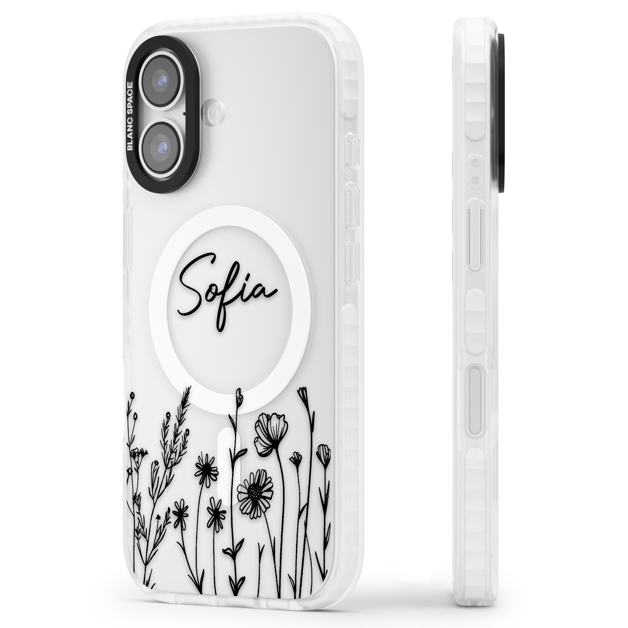 Personalised Black Wildflowers iPhone 17 Impact Pro Clear Phone Case Side Profile