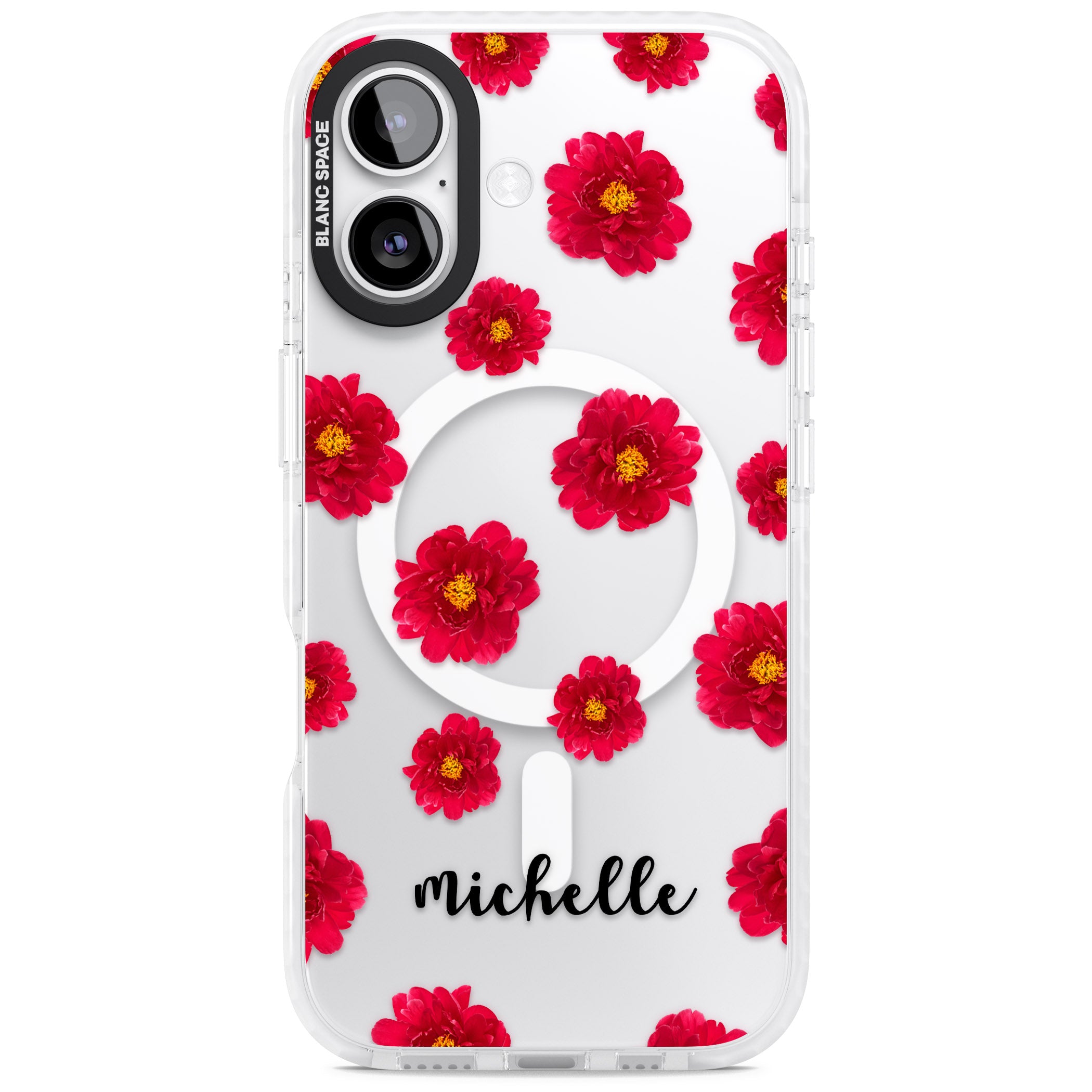 Personalised Red Peonies & Cursive iPhone 17 Impact Pro Clear Phone Case