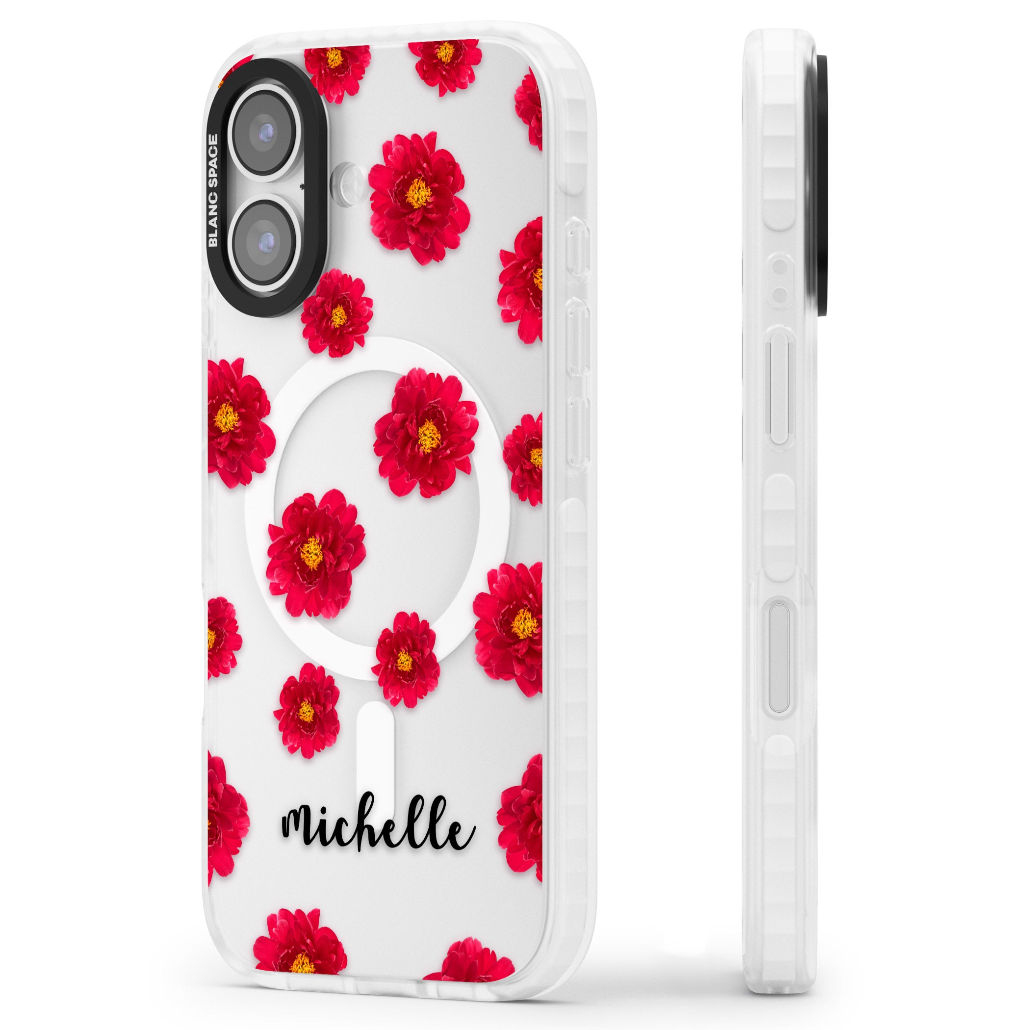 Personalised Red Peonies & Cursive iPhone 17 Impact Pro Clear Phone Case Side Profile