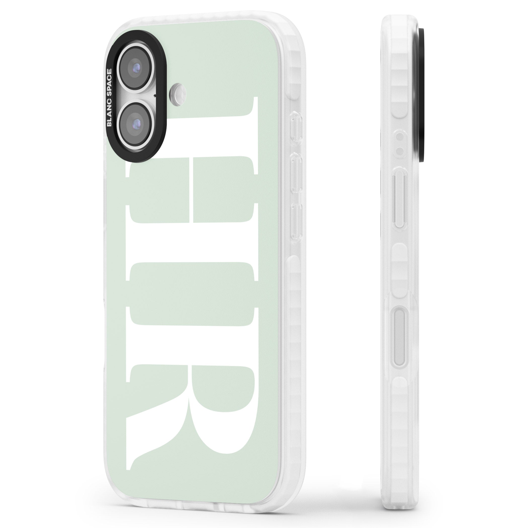 Personalised White & Seafoam Green Letters iPhone 17 Impact Pro Clear Phone Case Side Profile