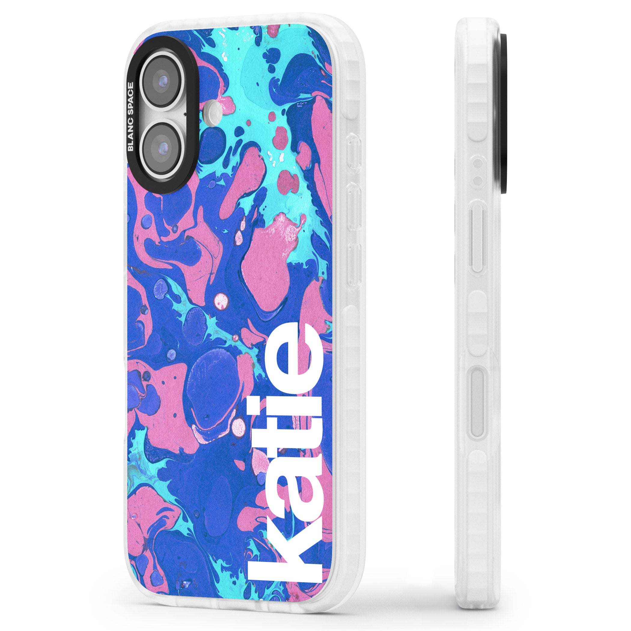 Personalised Navy & Turquoise Marbled iPhone 17 Impact Pro Clear Phone Case Side Profile