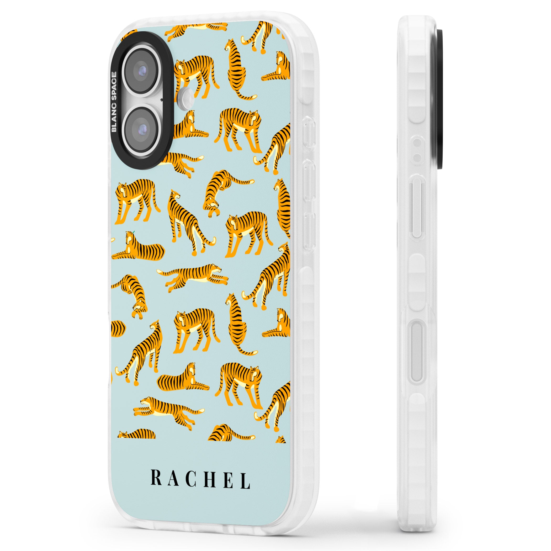 Personalised Turquoise Tiger Pattern iPhone 17 Impact Pro Clear Phone Case Side Profile