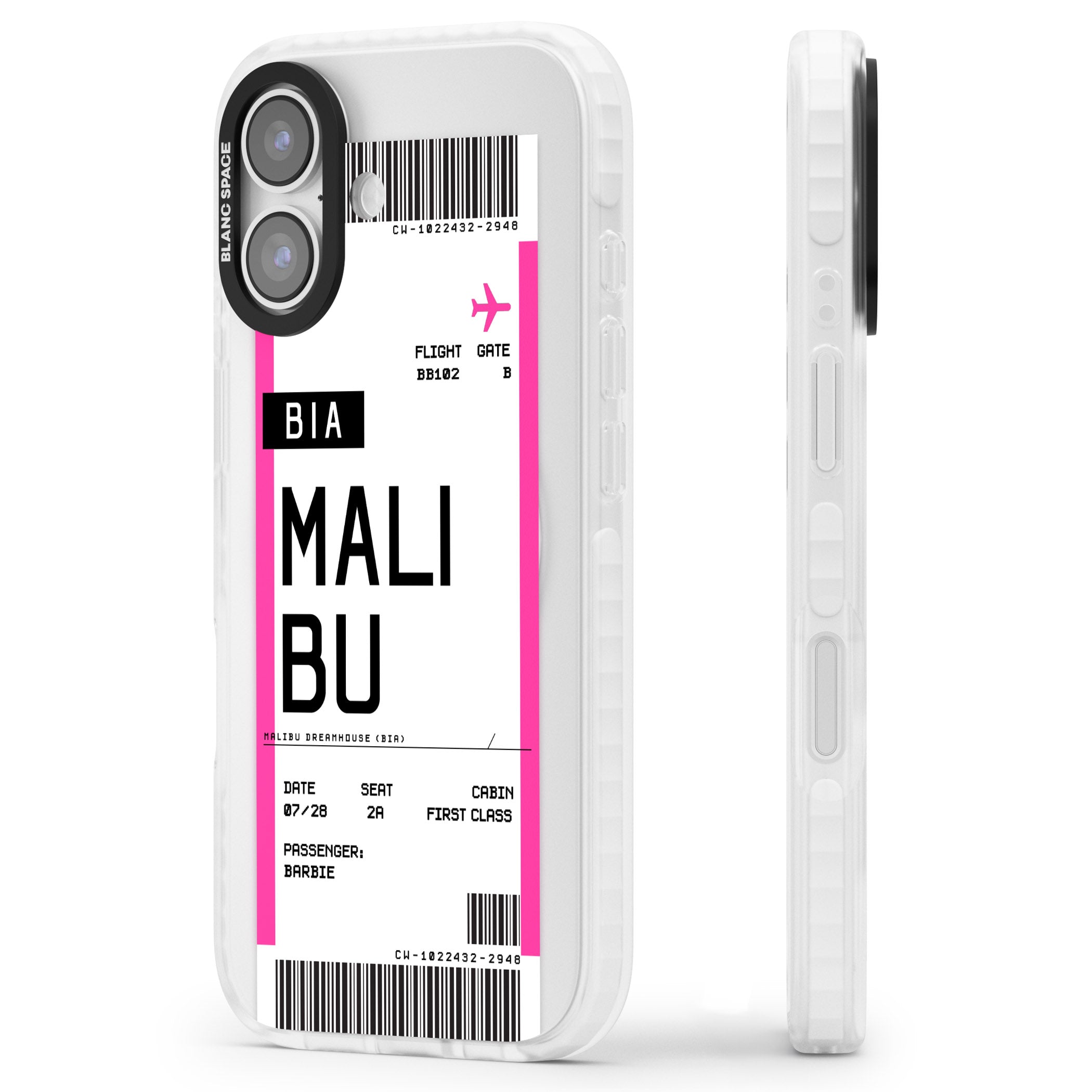 Personalised Pink Malibu Boarding Pass iPhone 17 Impact Pro Clear Phone Case Side Profile