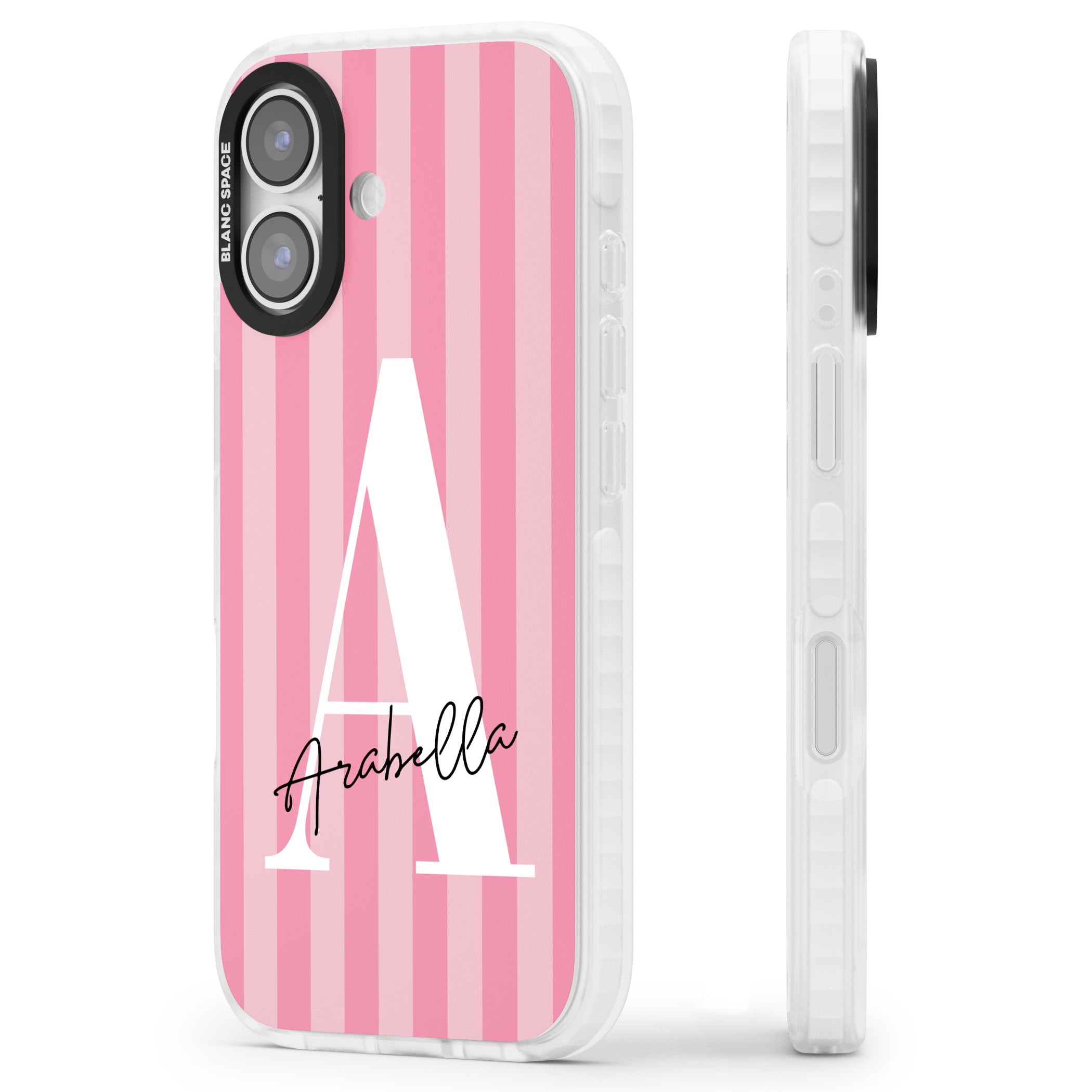 Personalised Pink Stripes Initial iPhone 17 Impact Pro Clear Phone Case Side Profile