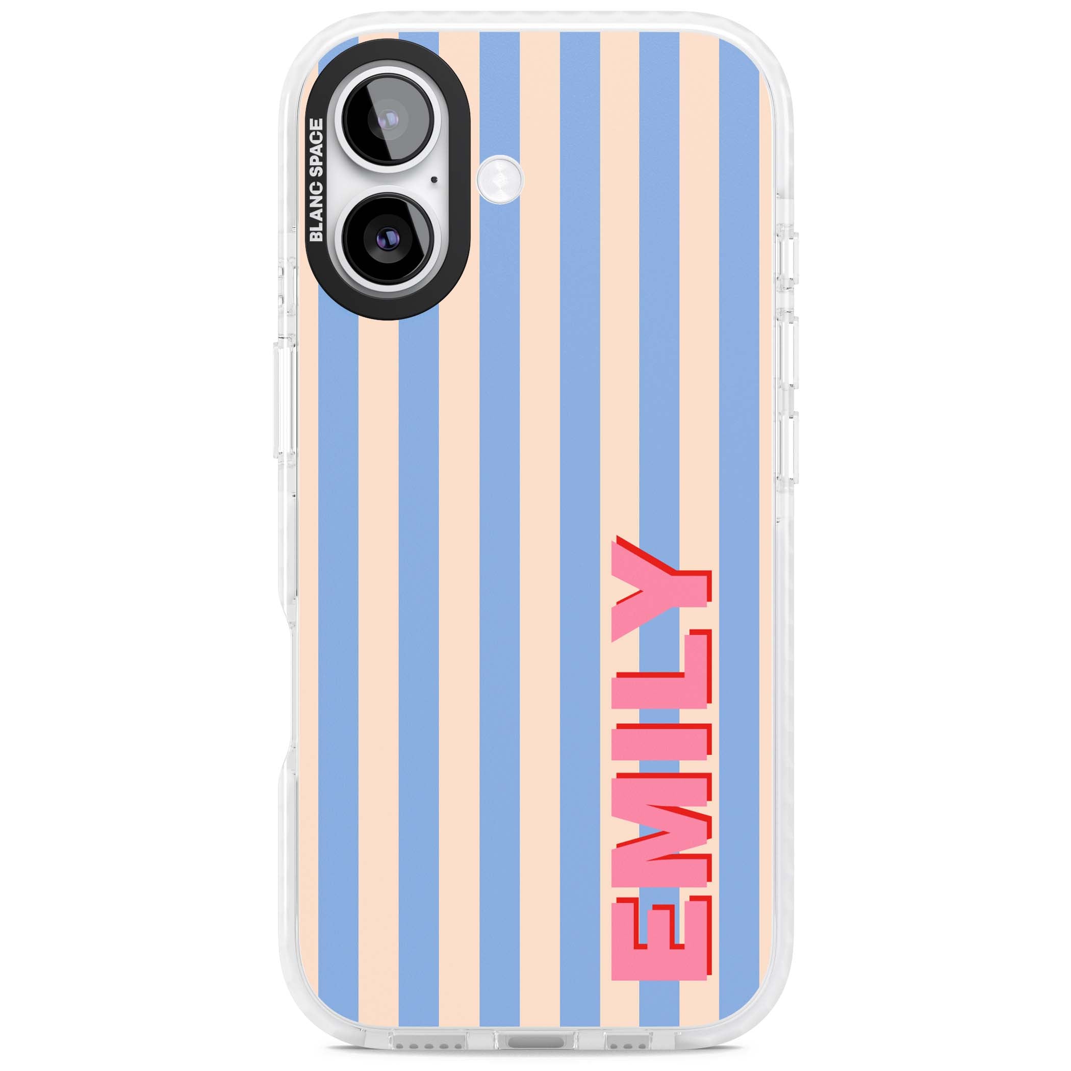 Coastal Stripe personalised coastal iPhone case with blue and peach vertical stripes and custom pink name | Impact Magsafe case for iPhone 17