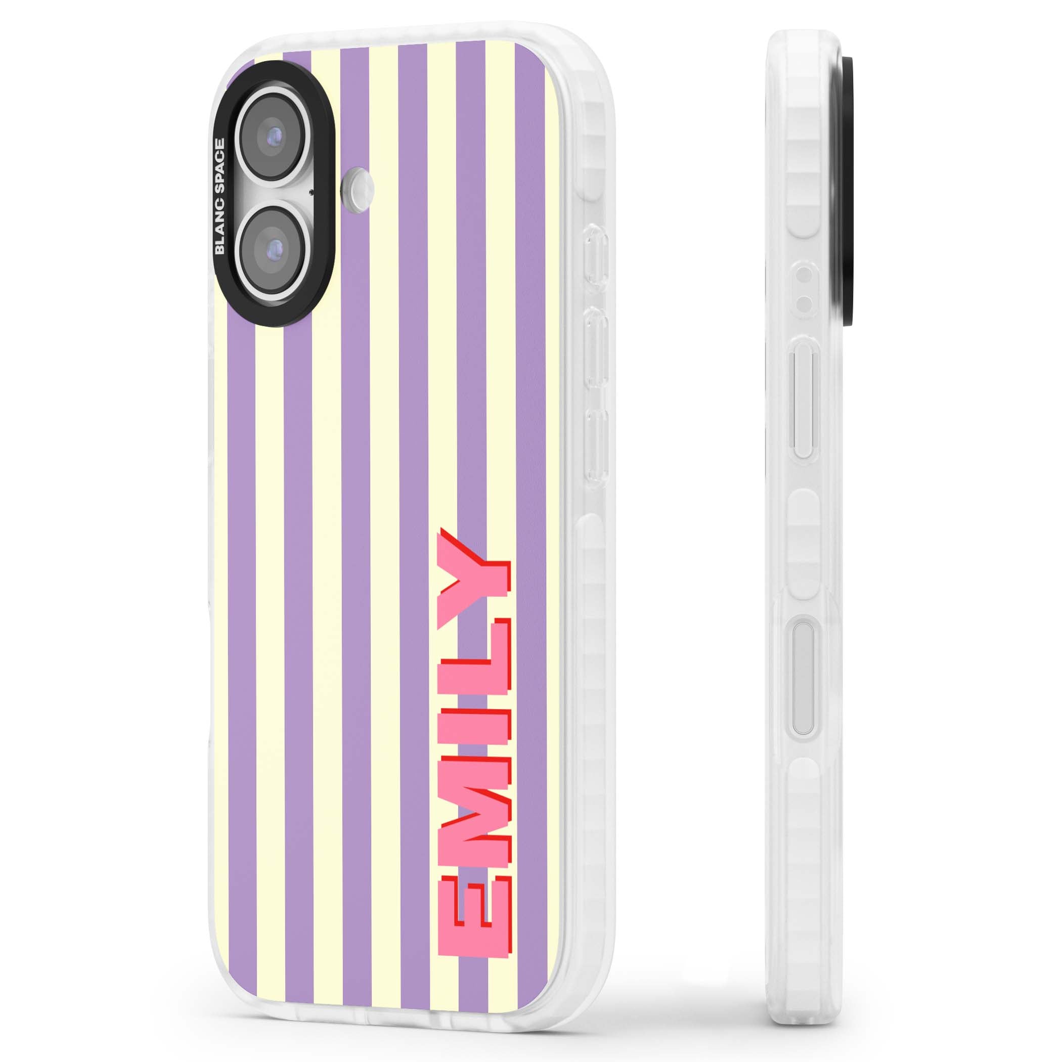 Valensole Stripe personalised iPhone case with purple and cream vertical stripes and pink custom name | Impact Magsafe case for iPhone 17