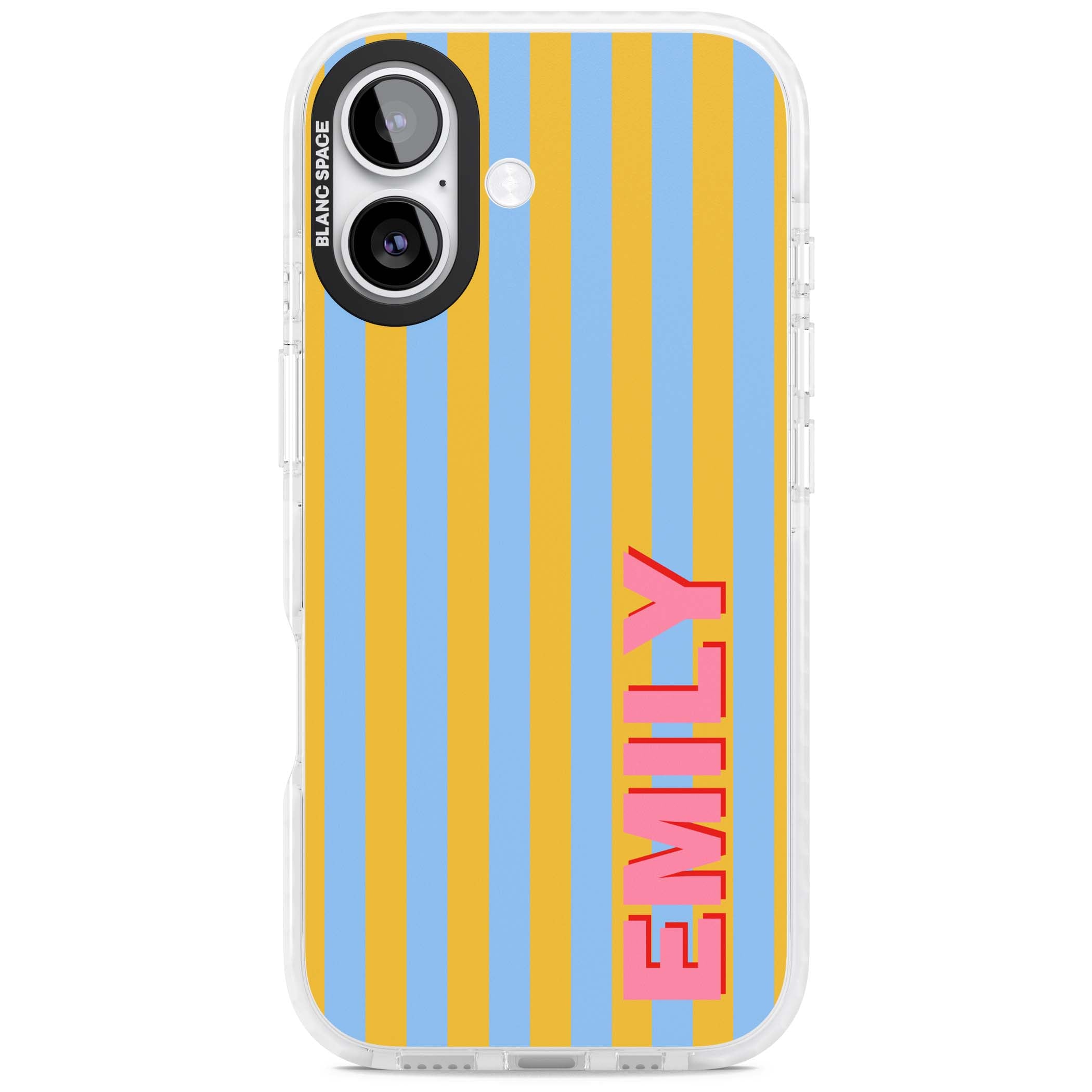 Carribean Stripe personalised coastal iPhone case with yellow and blue vertical stripes and a custom pink name | Impact Magsafe case for iPhone 17