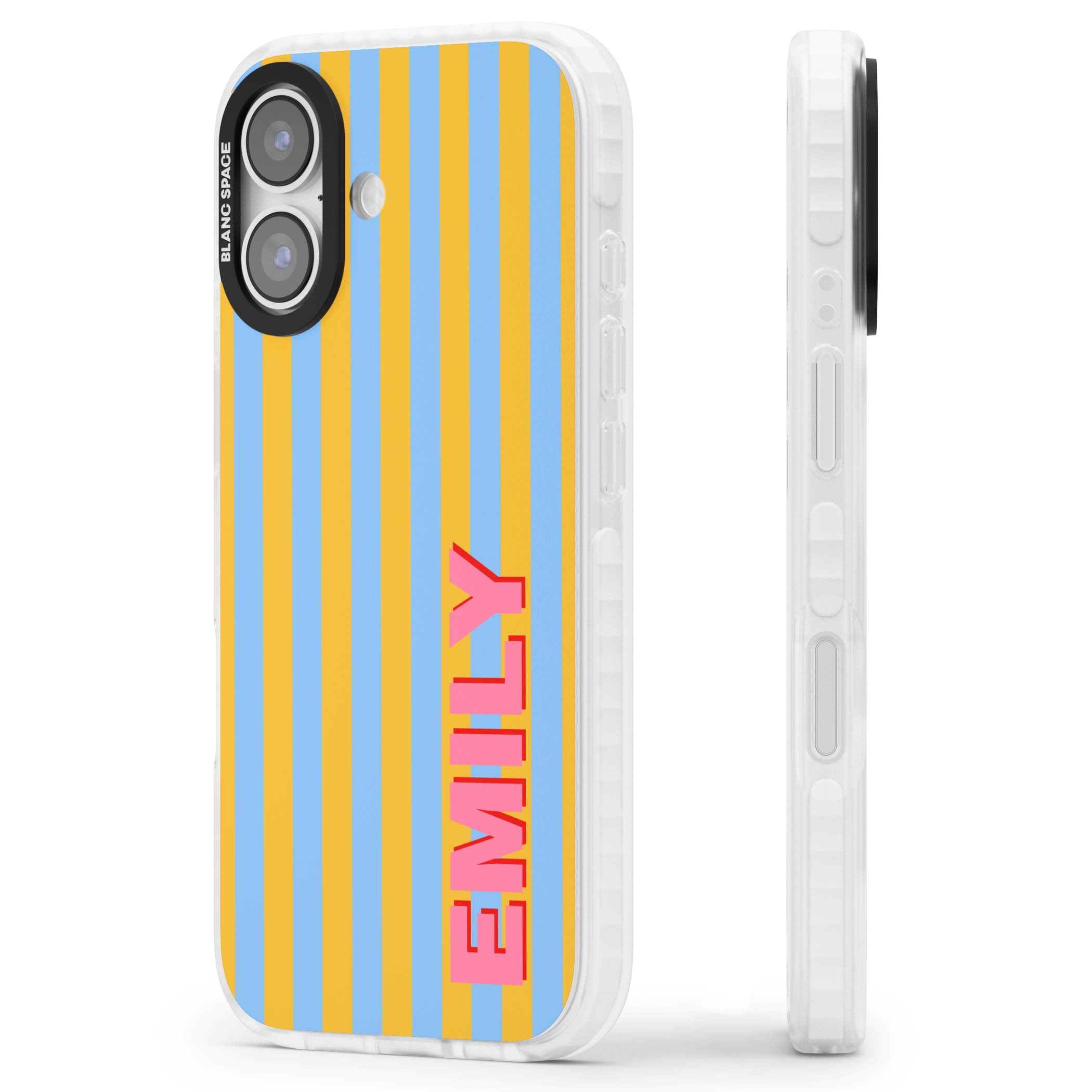 Carribean Stripe personalised coastal iPhone case with yellow and blue vertical stripes and a custom pink name | Impact Magsafe case for iPhone 17