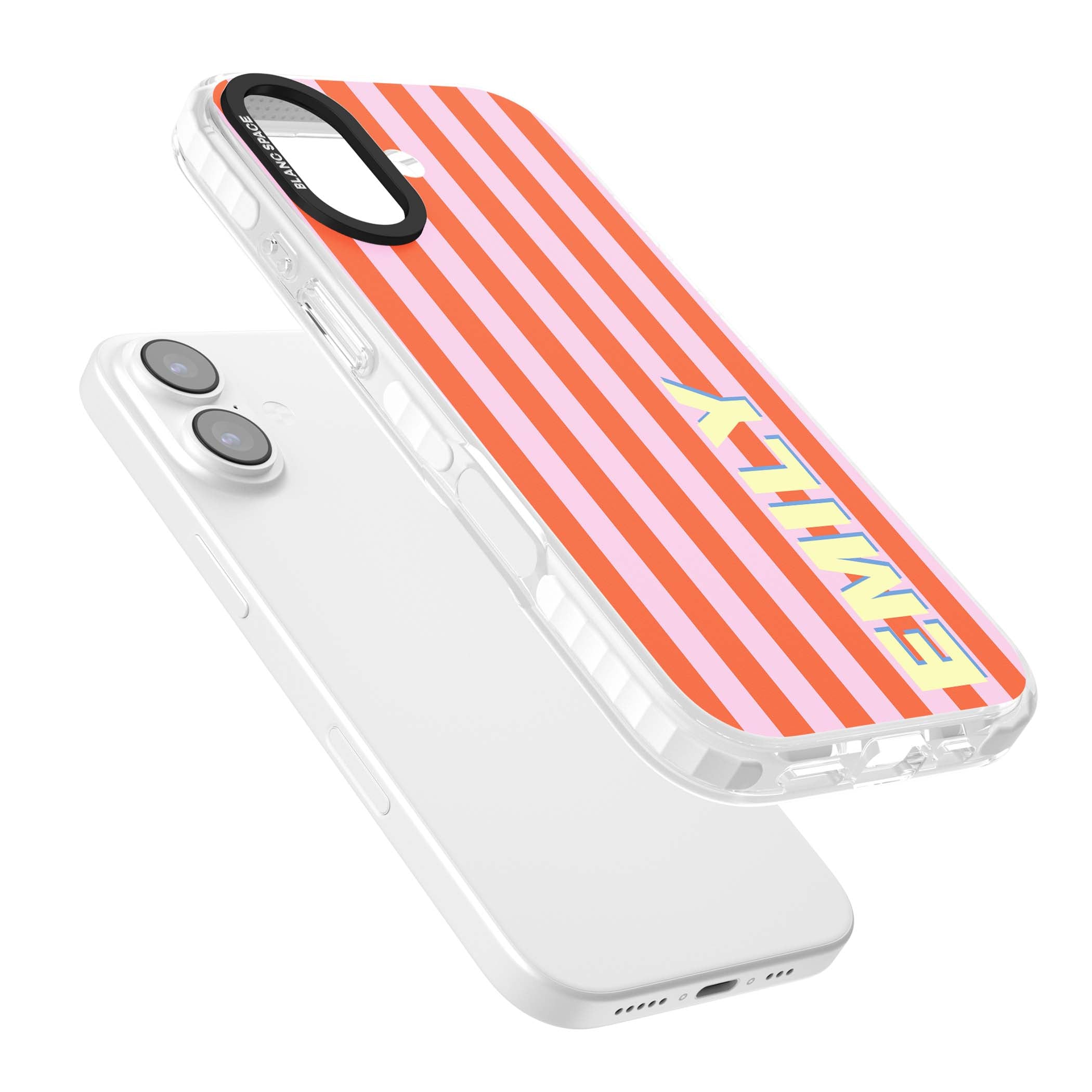 Havana Stripe personalised iPhone case featuring pink and orange vertical stripes with a custom yellow name | Impact Magsafe case for iPhone 17