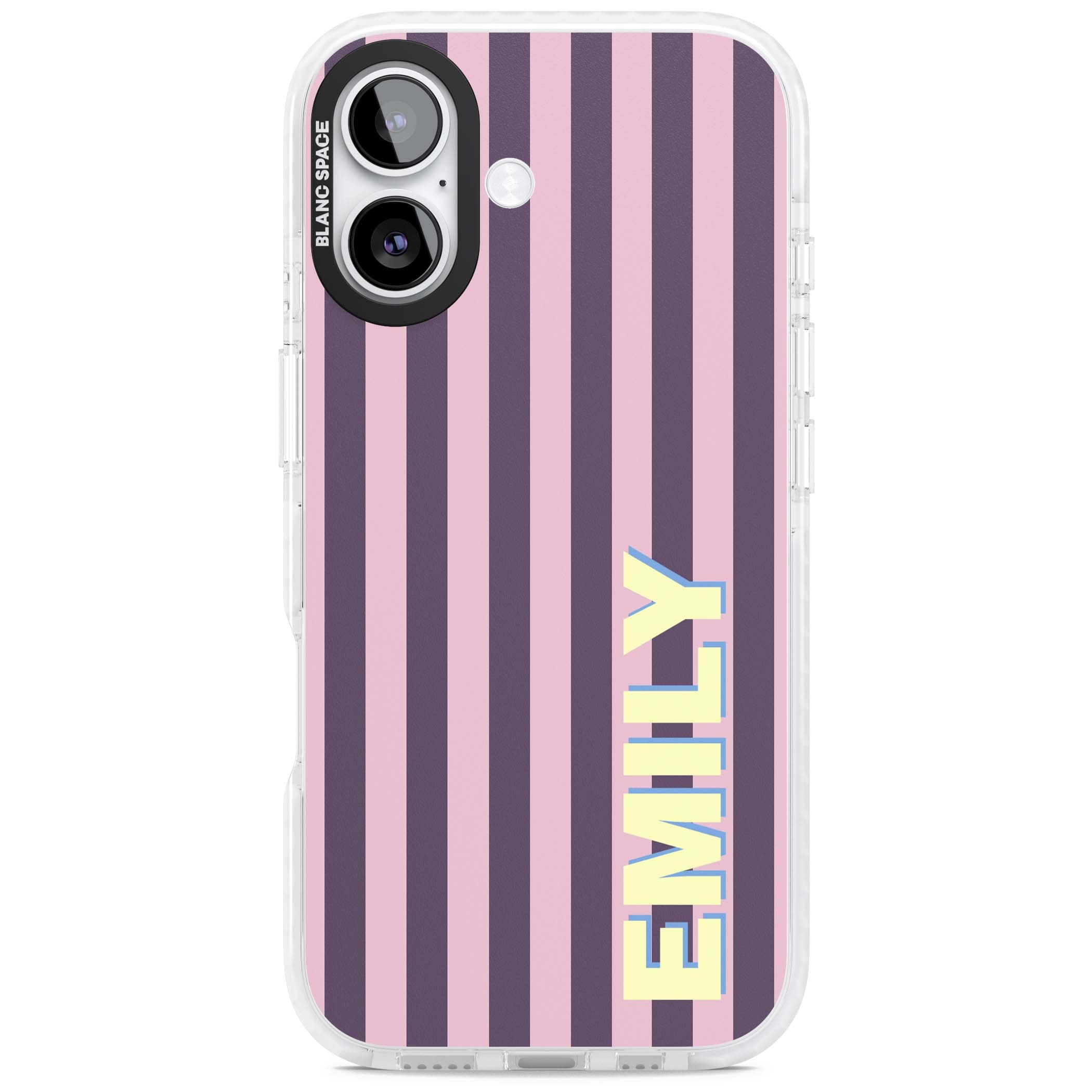 Tyre Stripe personalised stripe iPhone case with plum and pink vertical stripes and custom yellow name | Impact Magsafe case for iPhone 17