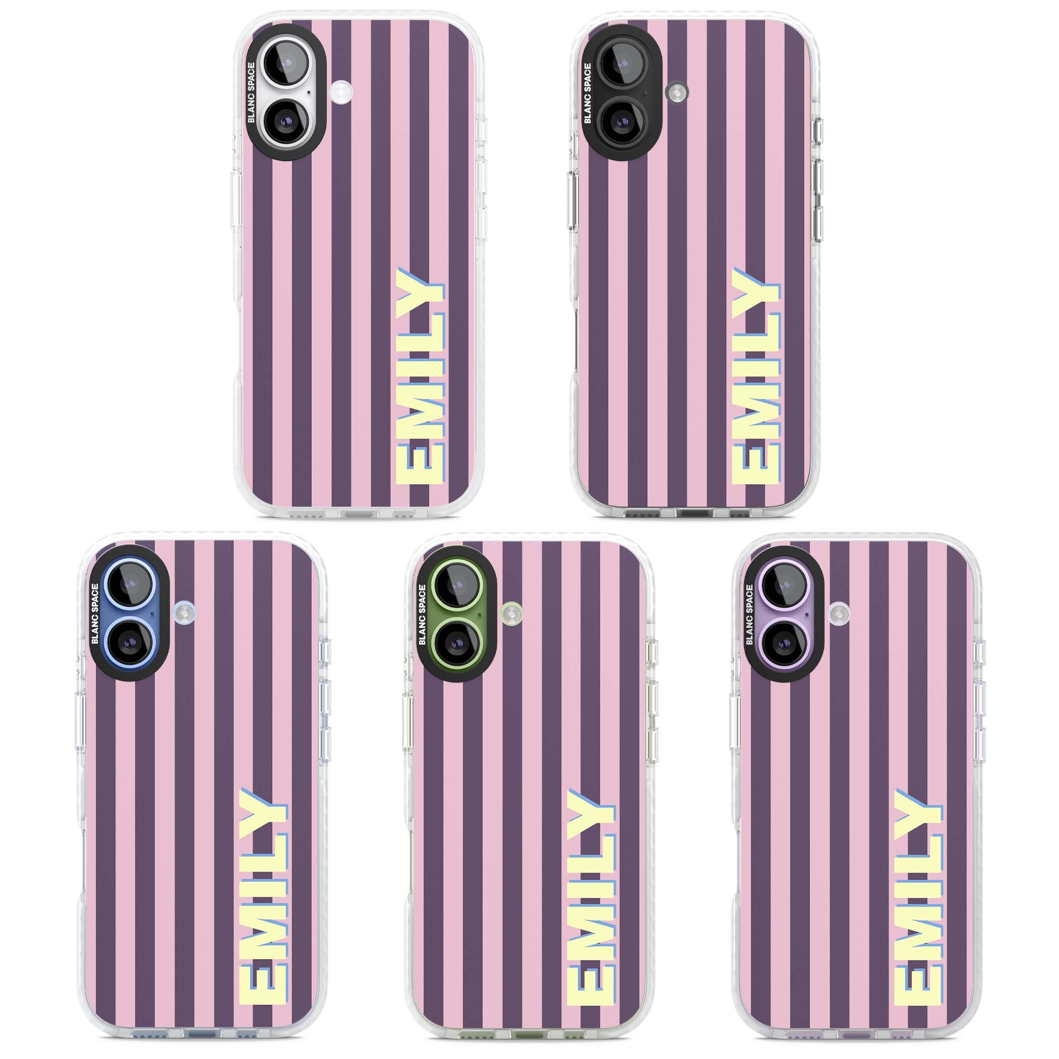 Tyre Stripe personalised stripe iPhone case with plum and pink vertical stripes and custom yellow name | Impact Magsafe case for iPhone 17