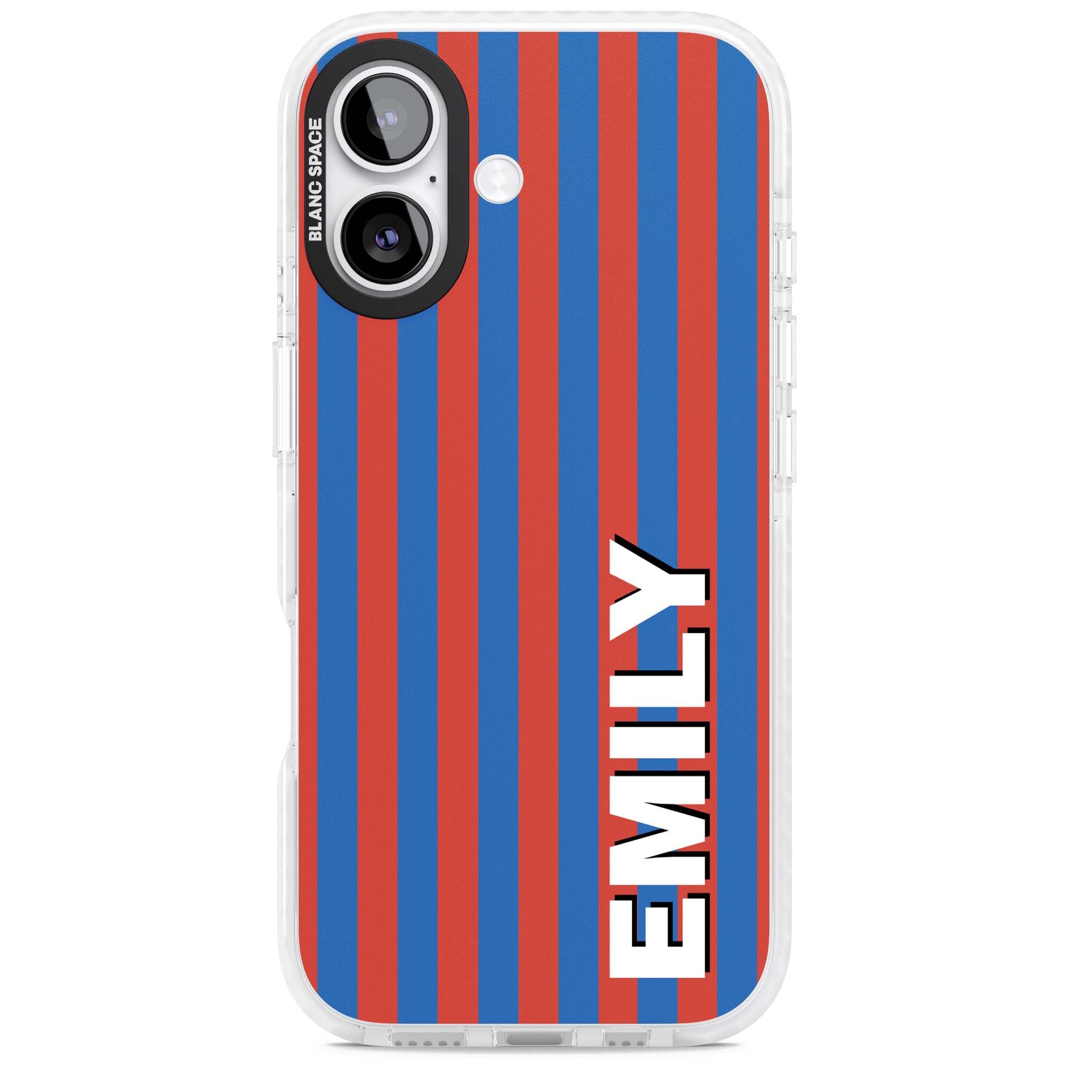Cuban Stripe personalised iPhone case featuring red and blue vertical stripes with custom name in bold white letters | Impact Magsafe case for iPhone 17