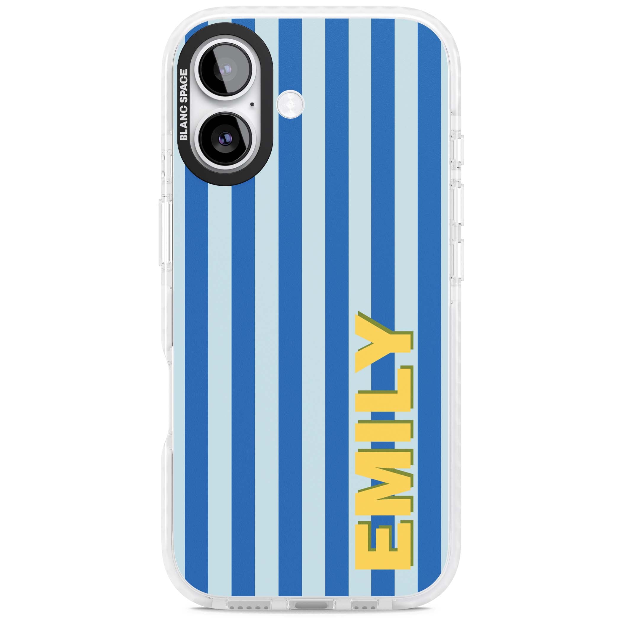 Athenian Stripe personalised preppy iPhone case featuring blue vertical stripes and a custom yellow name | Impact Magsafe case for iPhone 17