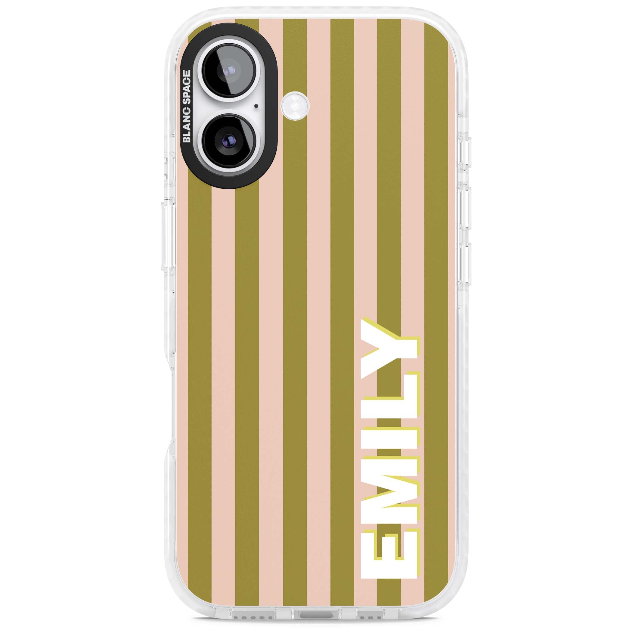 Indian Stripe personalised iPhone case featuring olive green and blush pink vertical stripes with custom name in whit | Impact Magsafe case for iPhone 17