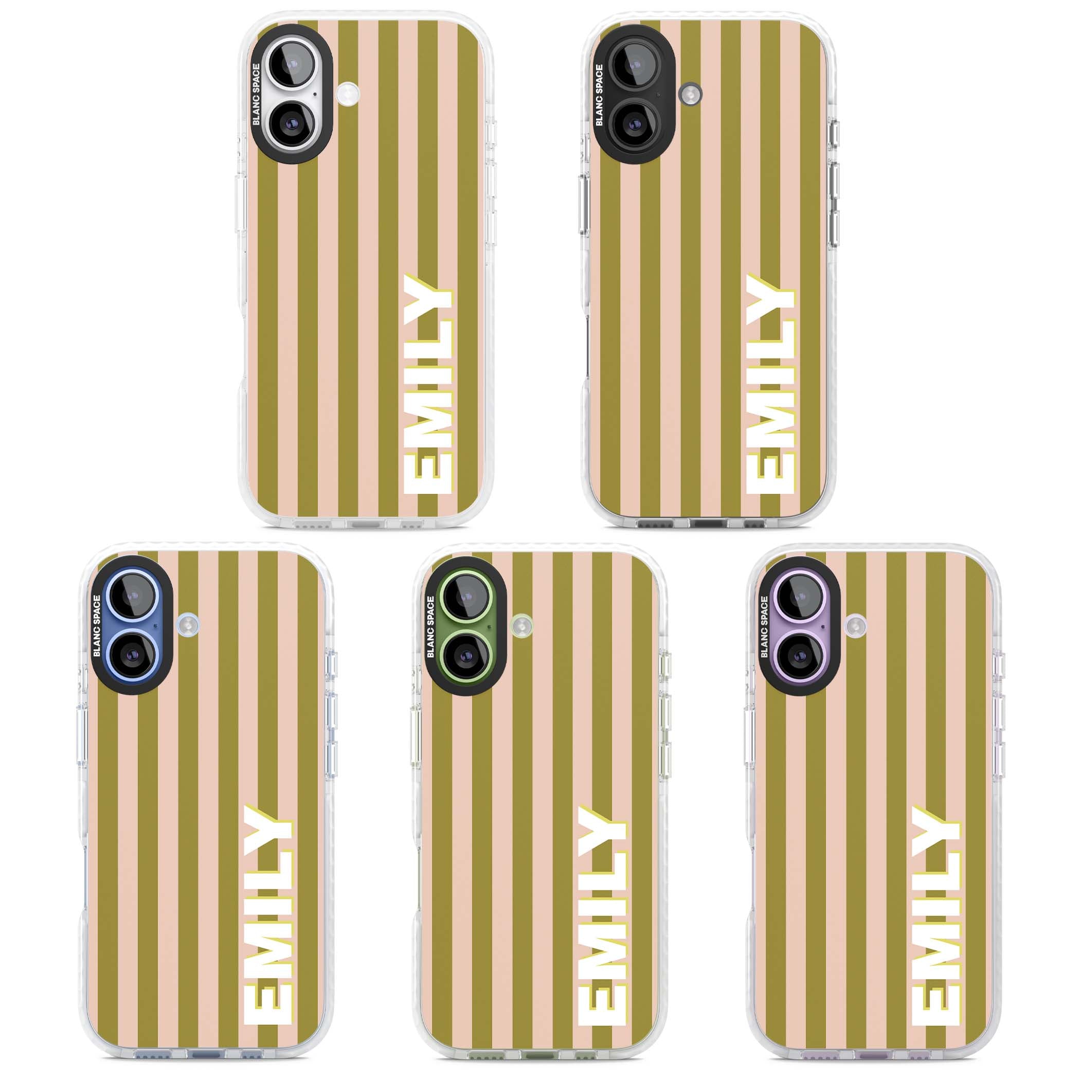 Indian Stripe personalised iPhone case featuring olive green and blush pink vertical stripes with custom name in whit | Impact Magsafe case for iPhone 17