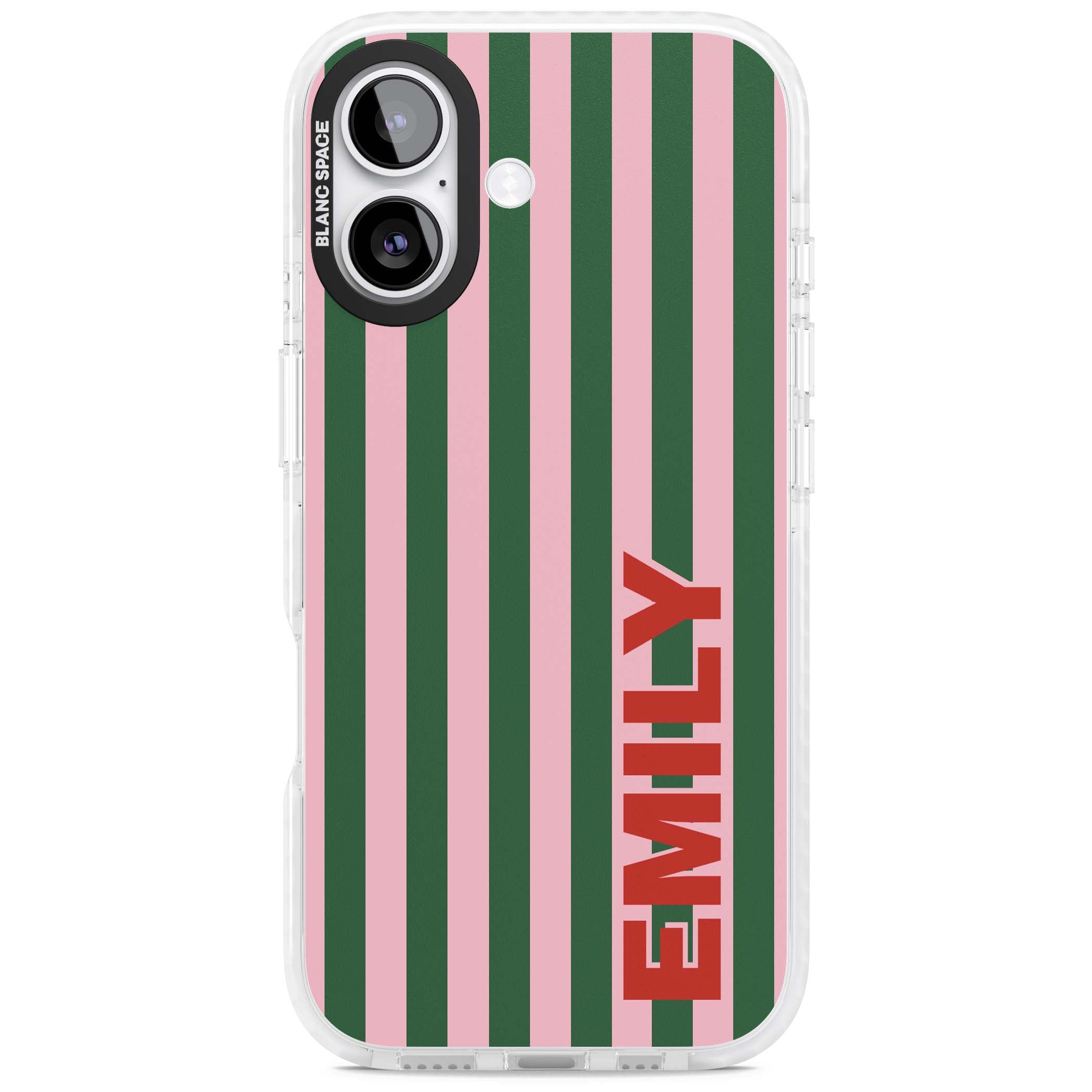 Italian Stripe preppy iPhone case featuring pink and green vertical stripes with personalised red name | Impact Magsafe case for iPhone 17
