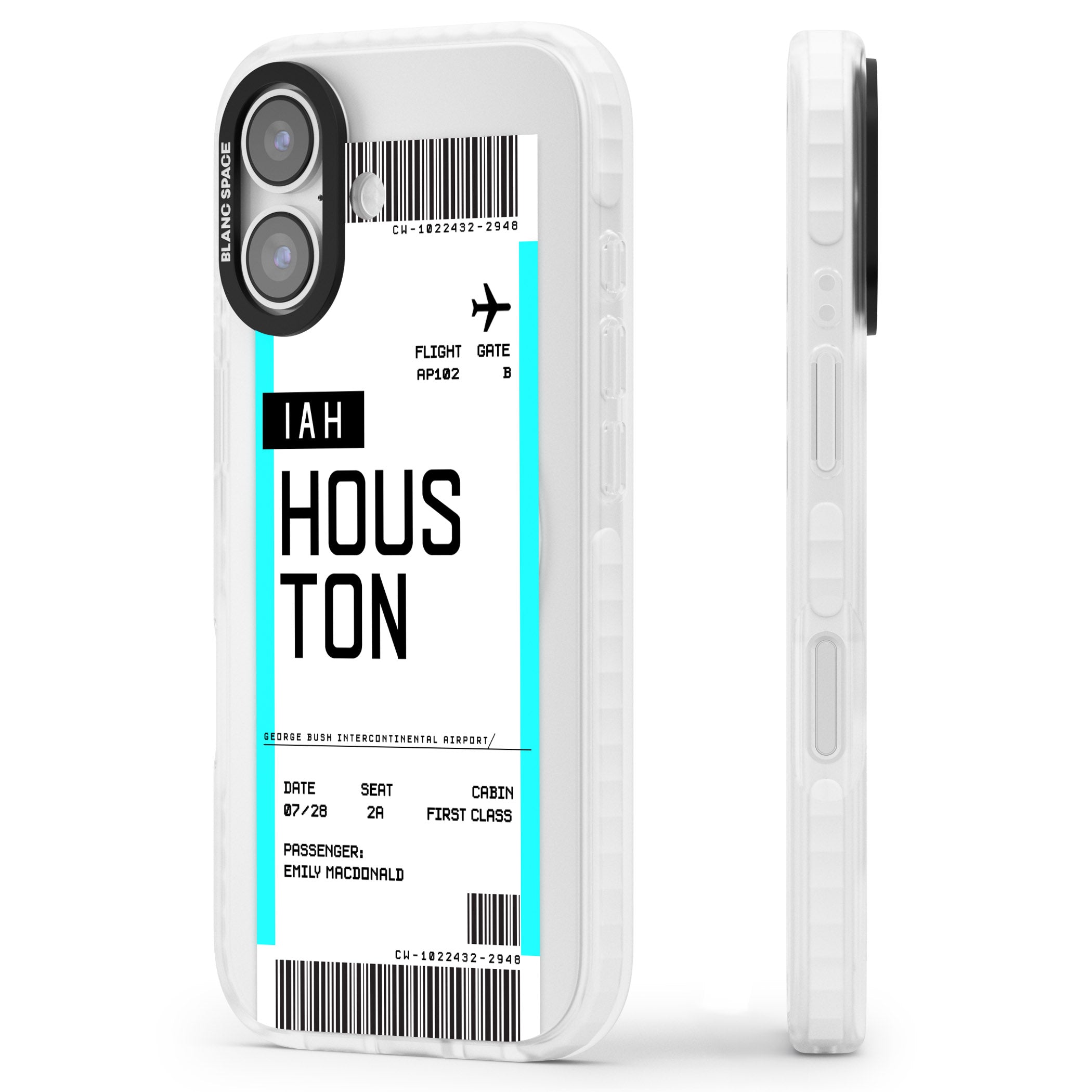Personalised Houston Boarding Pass iPhone 17 Impact Pro Clear Phone Case Side Profile
