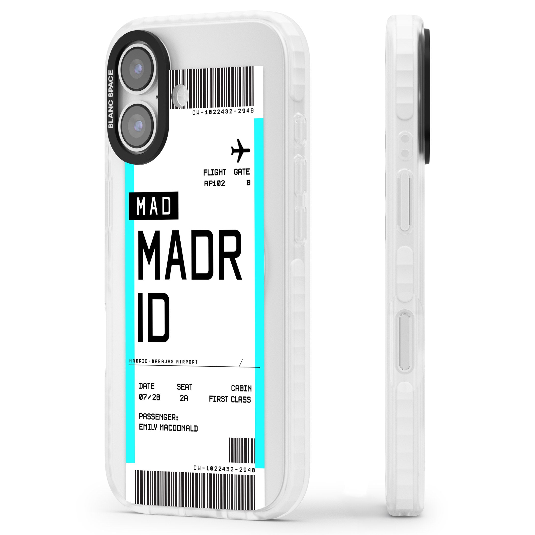 Personalised Madrid Boarding Pass iPhone 17 Impact Pro Clear Phone Case Side Profile