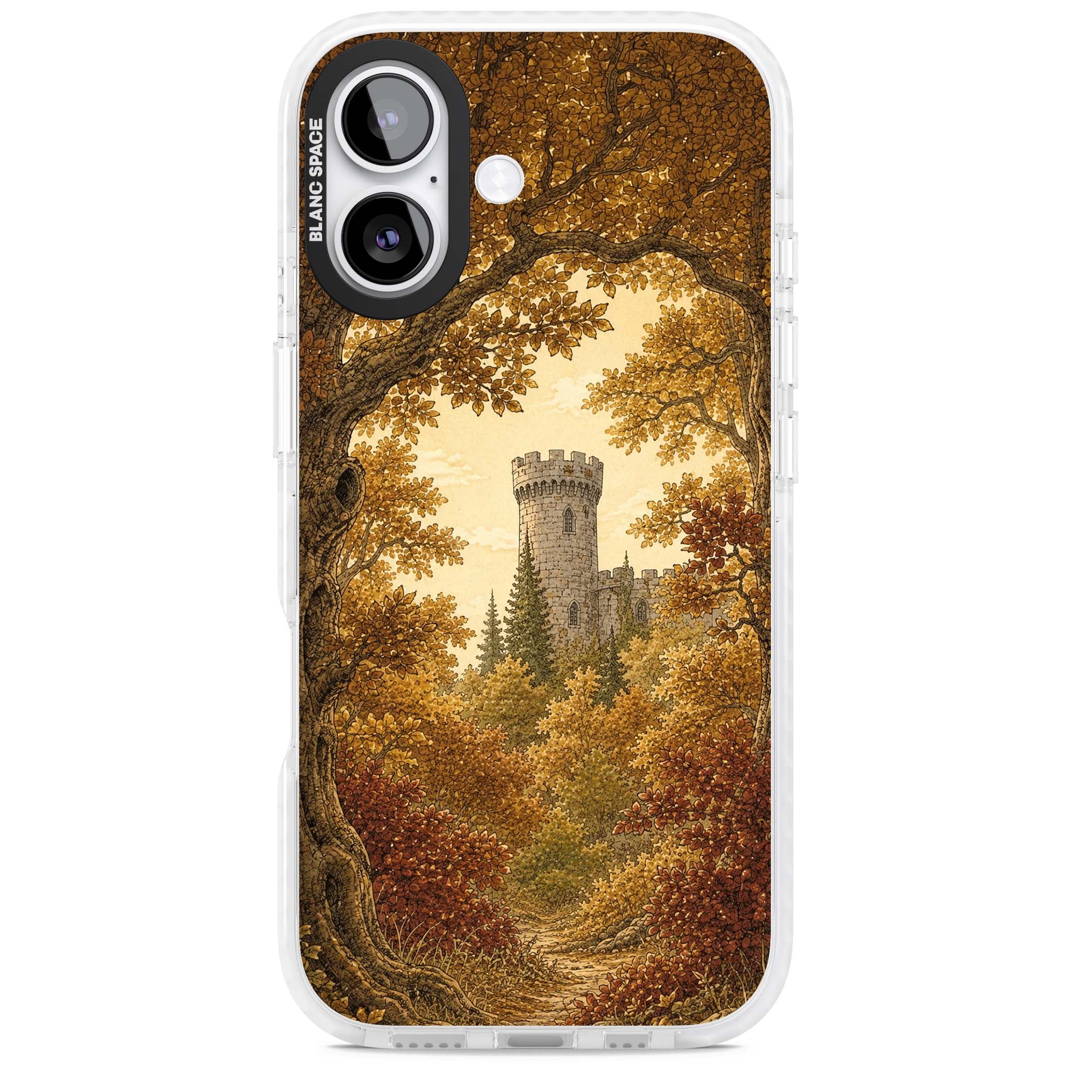 Autumn Keep cottagecore iPhone case featuring a medieval castle tower framed by golden autumn trees and woodland foliage | Impact Magsafe case for iPhone 17