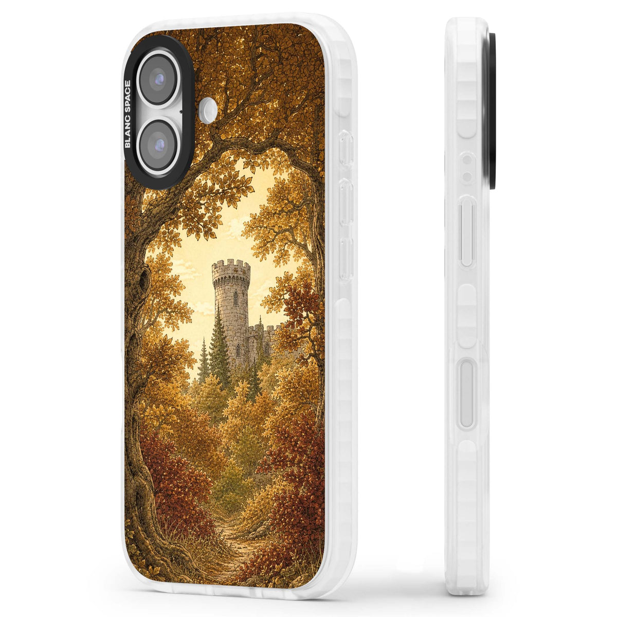 Autumn Keep cottagecore iPhone case featuring a medieval castle tower framed by golden autumn trees and woodland foliage | Impact Magsafe case for iPhone 17