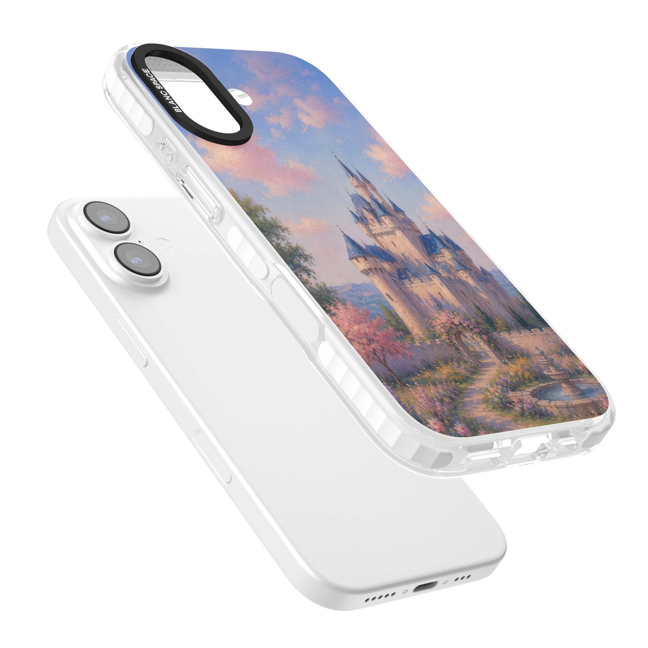 Enchanted Kingdom fairytale iPhone case featuring a romantic castle painting with cherry blossoms and pastel pink sky | Impact Magsafe case for iPhone 17
