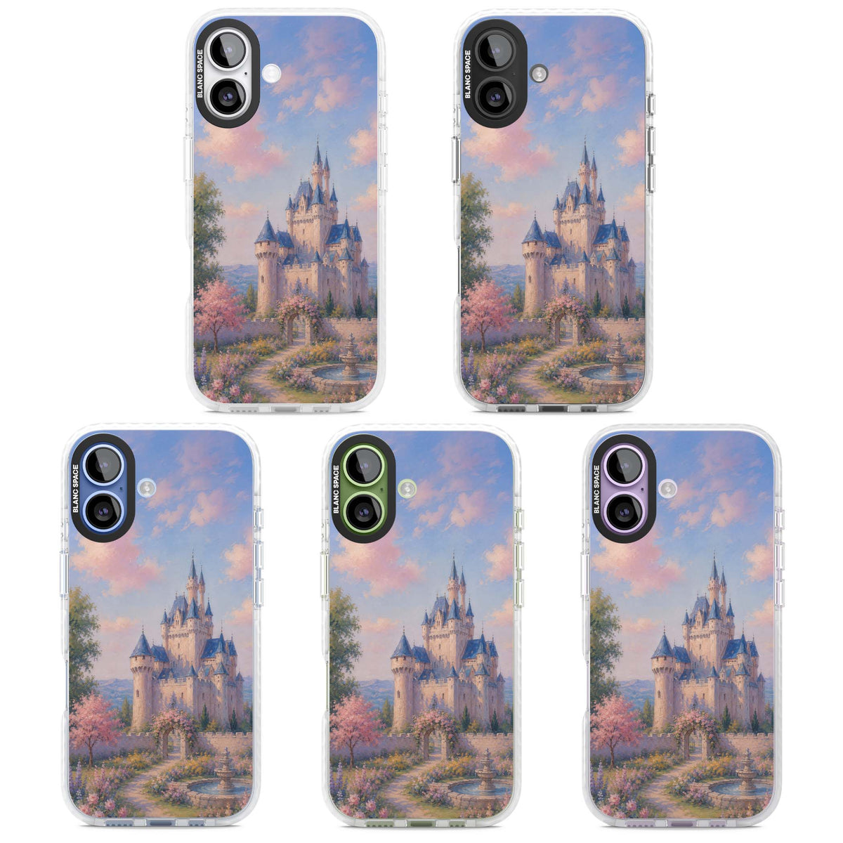 Enchanted Kingdom fairytale iPhone case featuring a romantic castle painting with cherry blossoms and pastel pink sky | Impact Magsafe case for iPhone 17