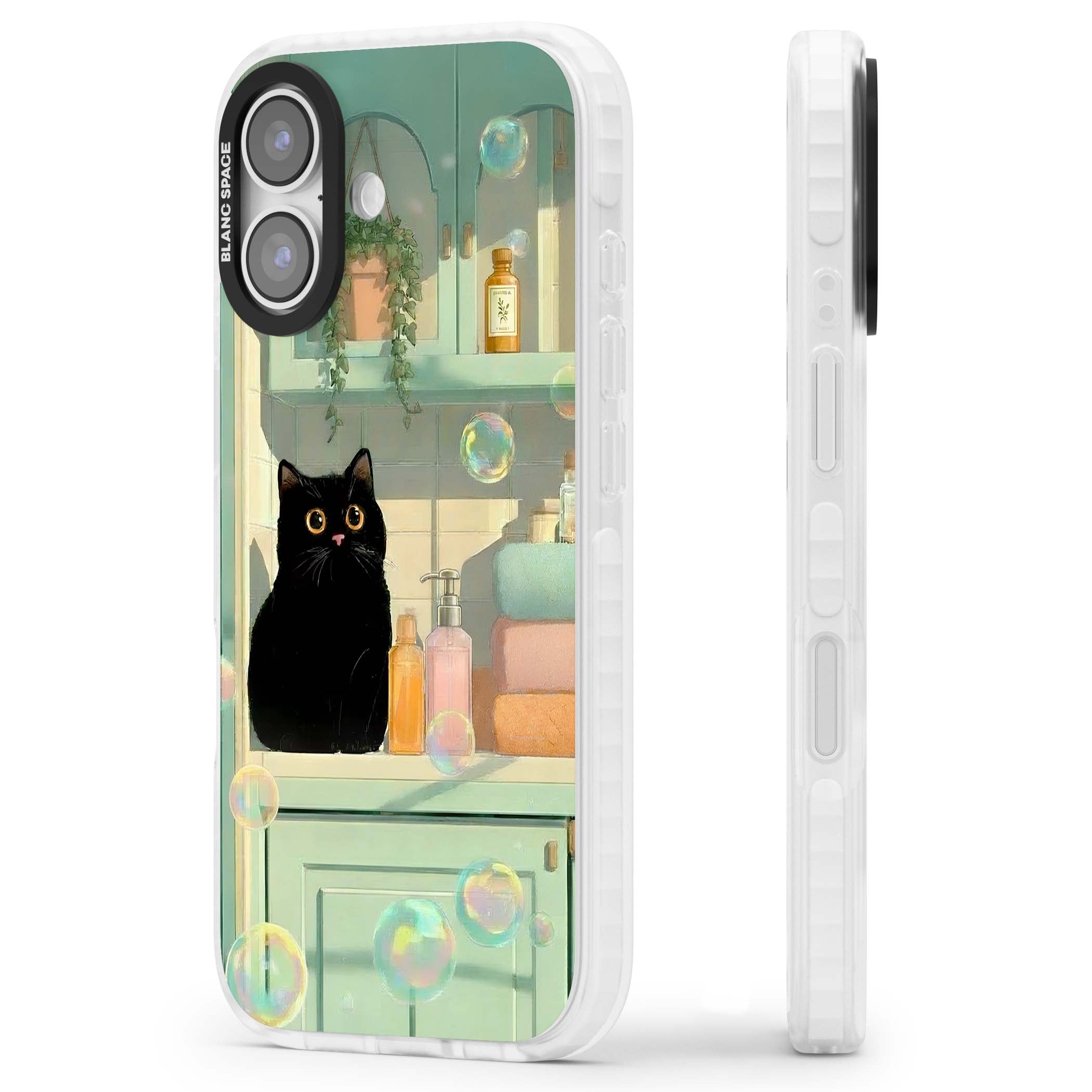 Bathroom Bubble Kitty cottagecore iPhone case featuring a black cat, mint bathroom scene and floating soap bubbles | Impact Magsafe case for iPhone 17