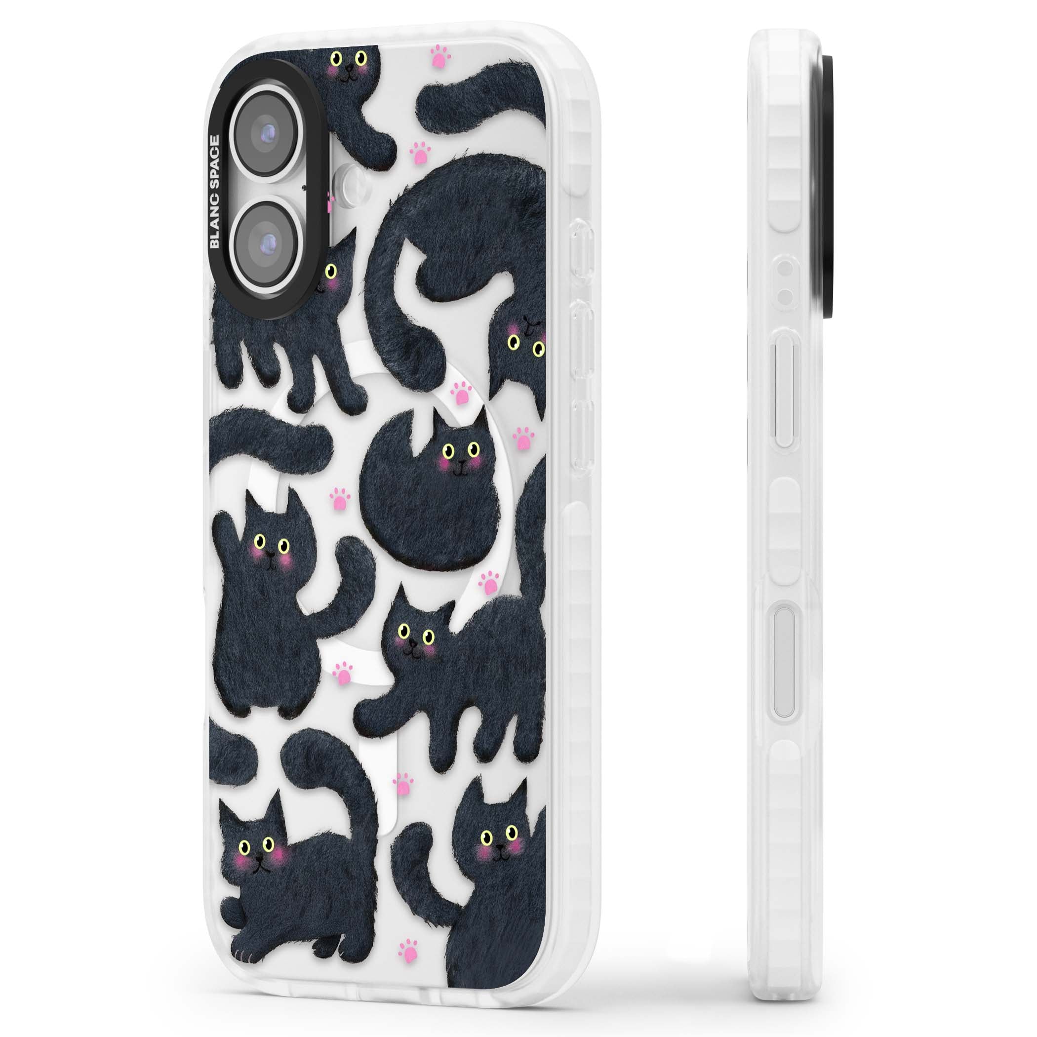 Midnight Cats cute iPhone case featuring black cat pattern with yellow eyes and pink paw prints | Impact Magsafe case for iPhone 17