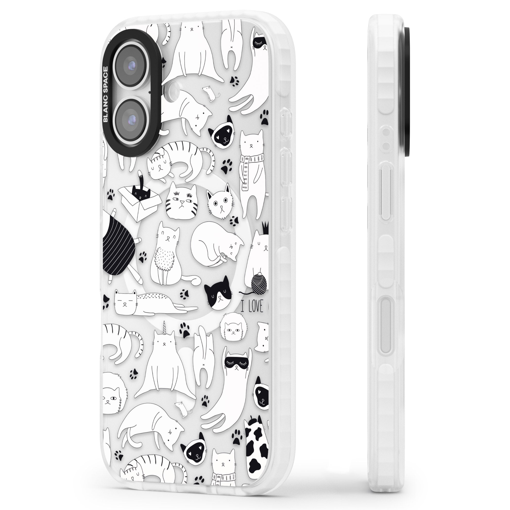Cartoon Cat Collage Black & White iPhone 17 Impact Pro Clear Phone Case Side Profile