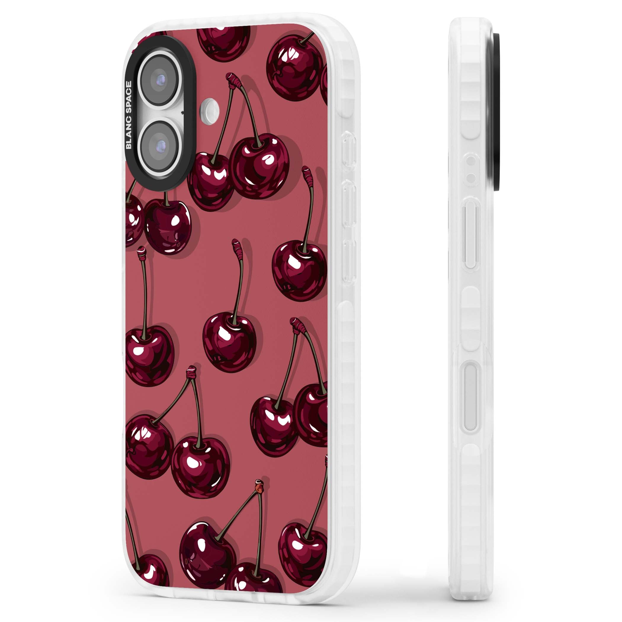 Cherry Rebel coquette iPhone case featuring glossy burgundy cherries on a dusty rose background | Impact Magsafe case for iPhone 17