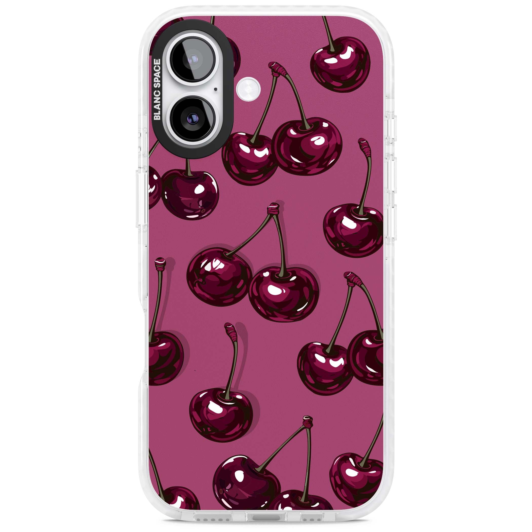 Cherry Soda coquette iPhone case featuring glossy burgundy cherries on a dusty pink background | Impact Magsafe case for iPhone 17